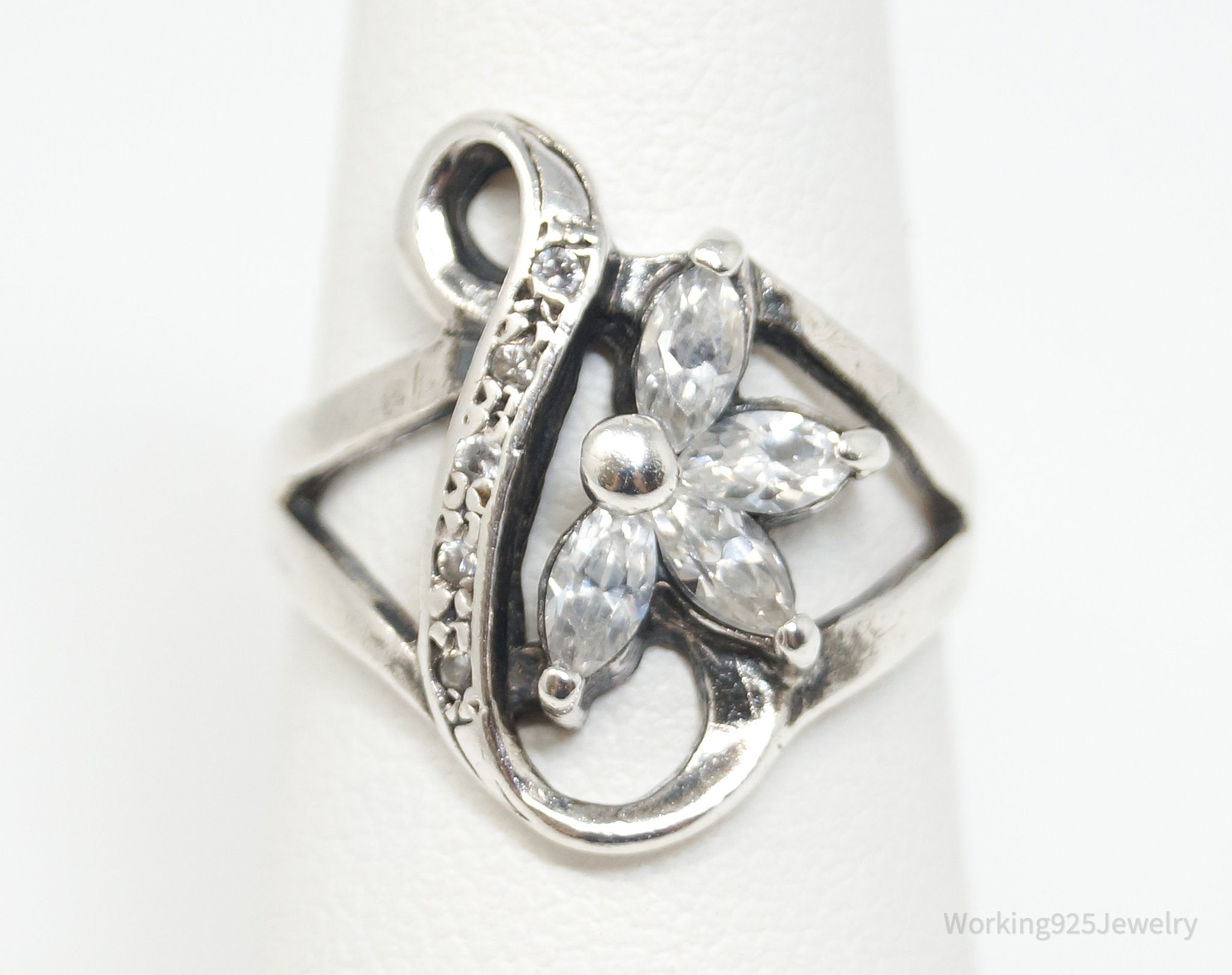 Vintage Art Deco Cubic Zirconia Floral Sterling Silver Ring - Sz 5.75