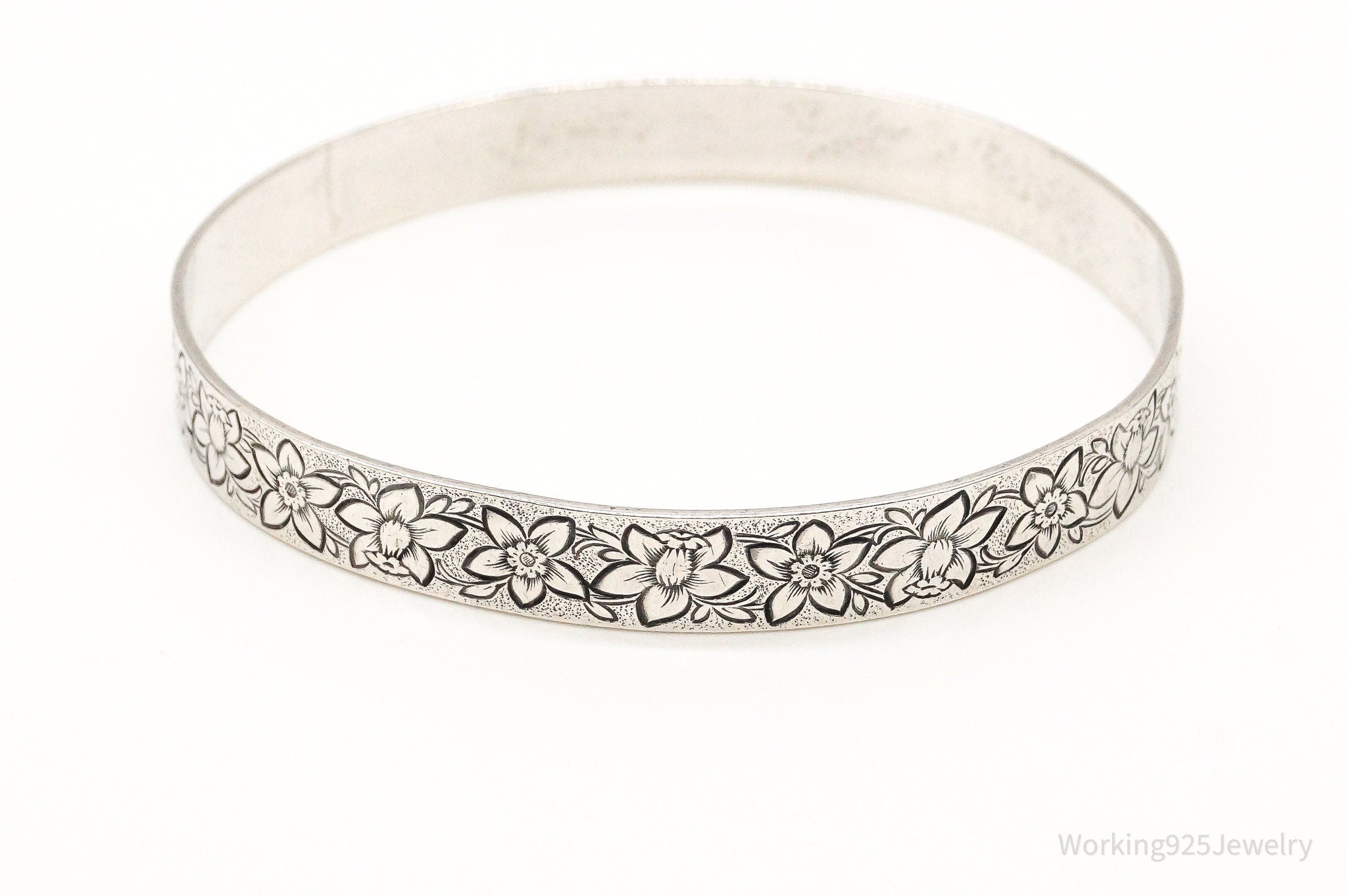 Antique Flowers Motif Sterling Silver Bangle Bracelet