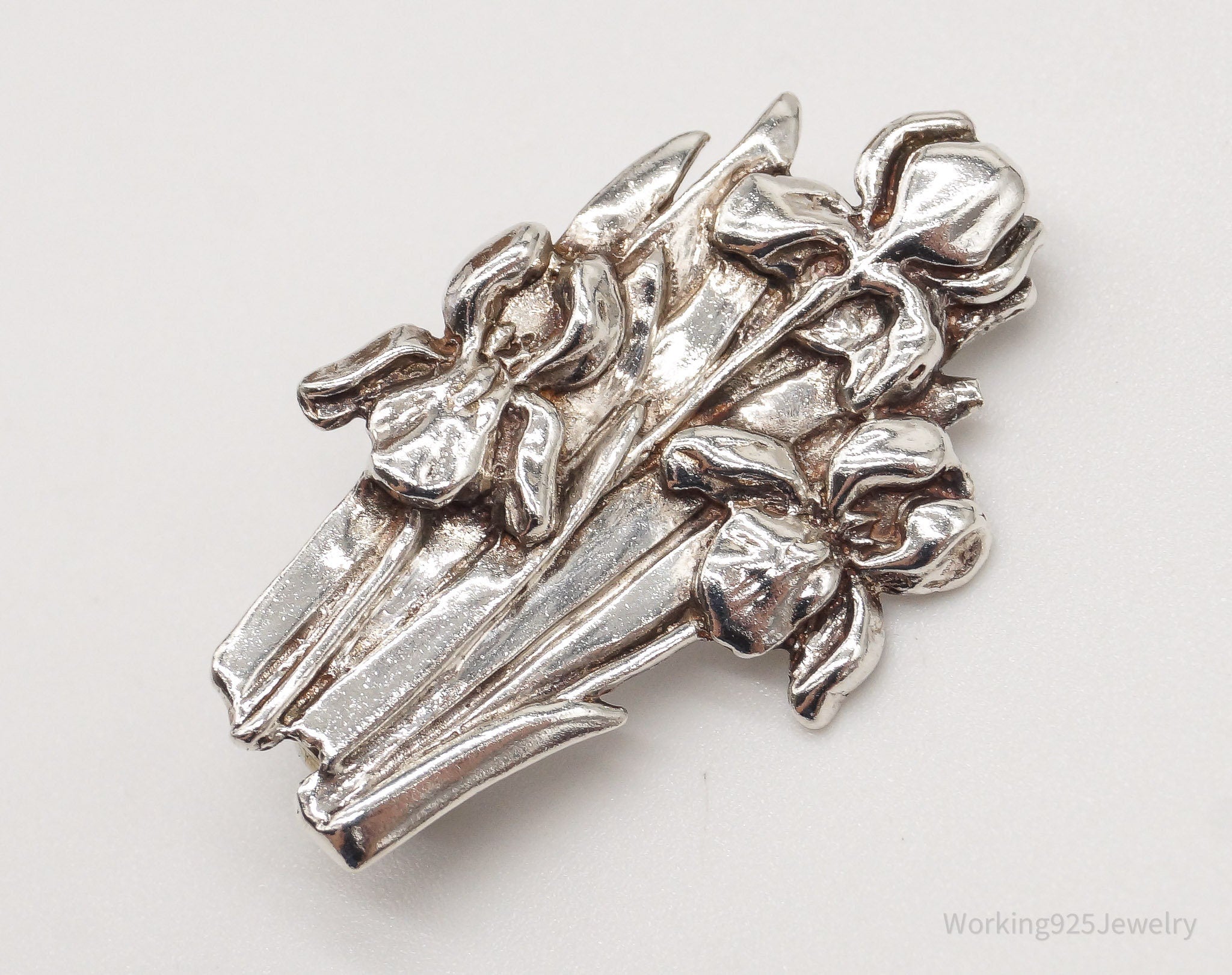 Antique Floral Sterling Silver Brooch Pin