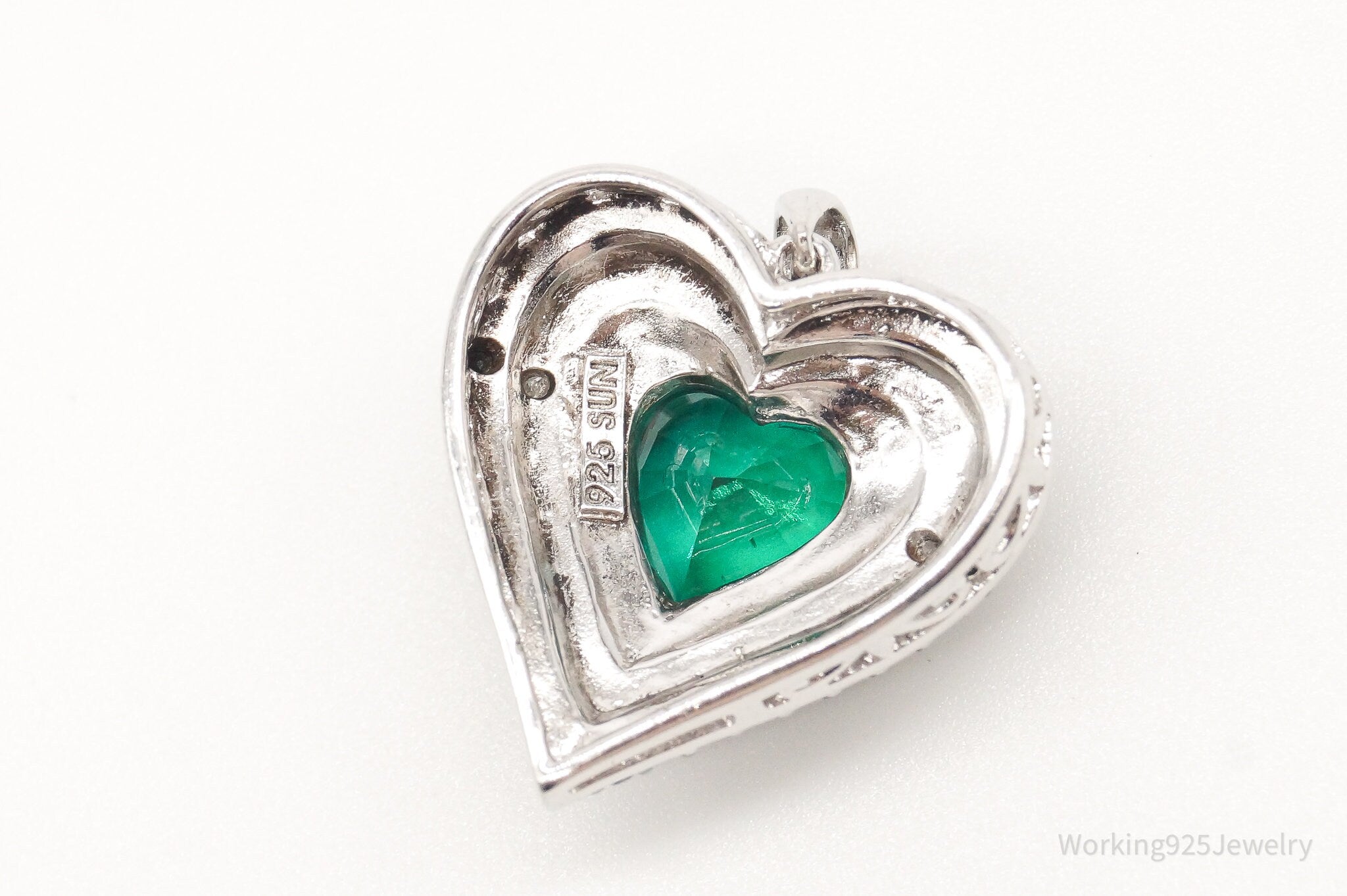 Vintage Green Topaz 2 White & 2 Black Diamond Heart Sterling Silver Pendant