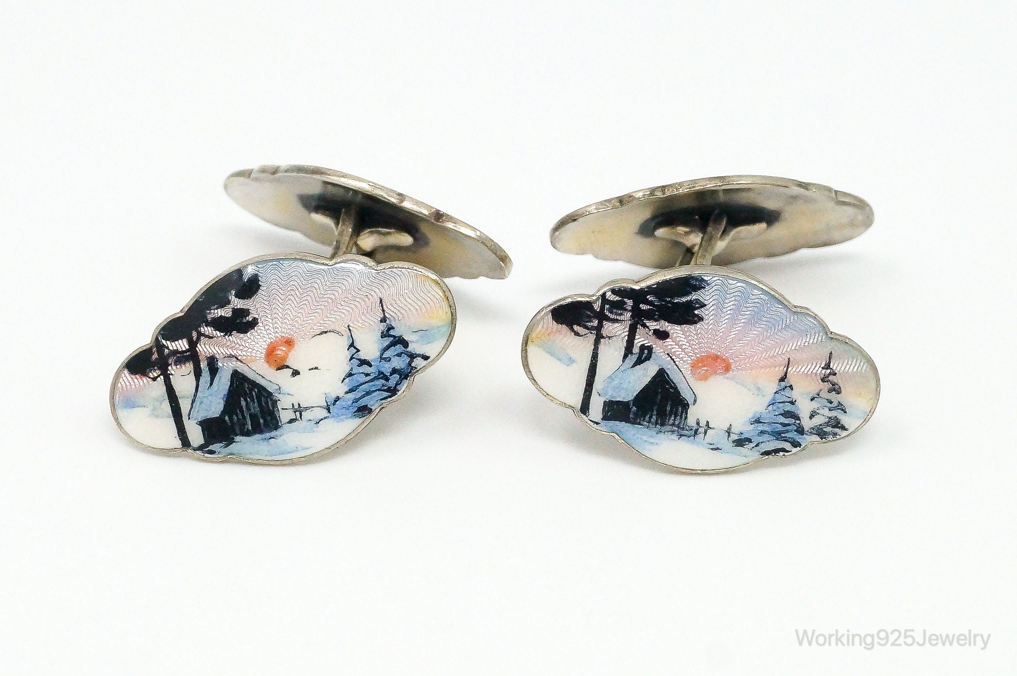 RARE Vintage Aksel Holmsen Enamel Cabin Scene Sterling Silver Cufflinks