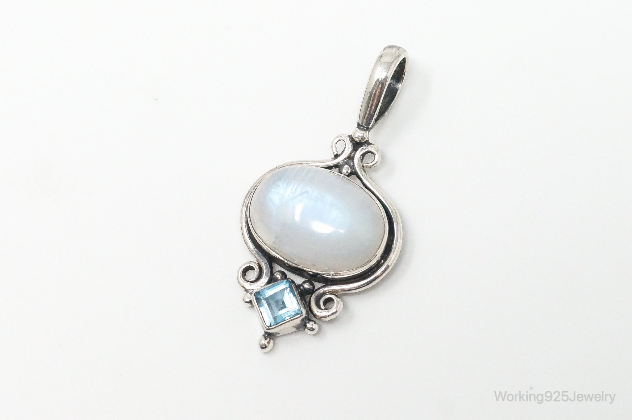 Vintage Blue Topaz Large Moonstone Sterling Necklace Pendant