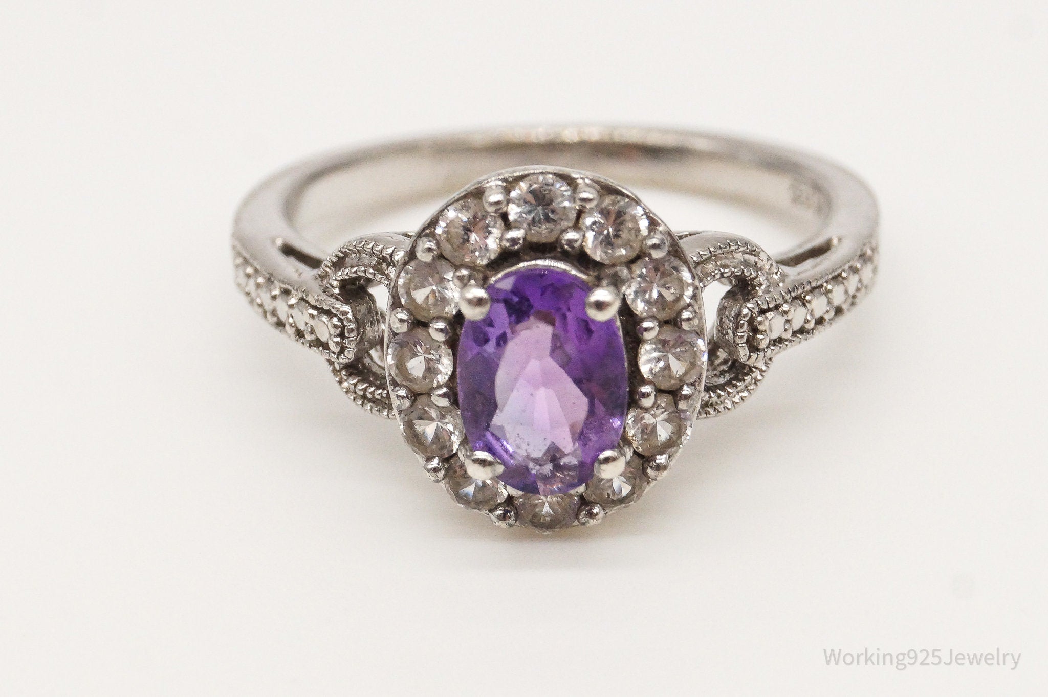 Vintage Amethyst Cubic Zirconia Sterling Silver Ring Size 7