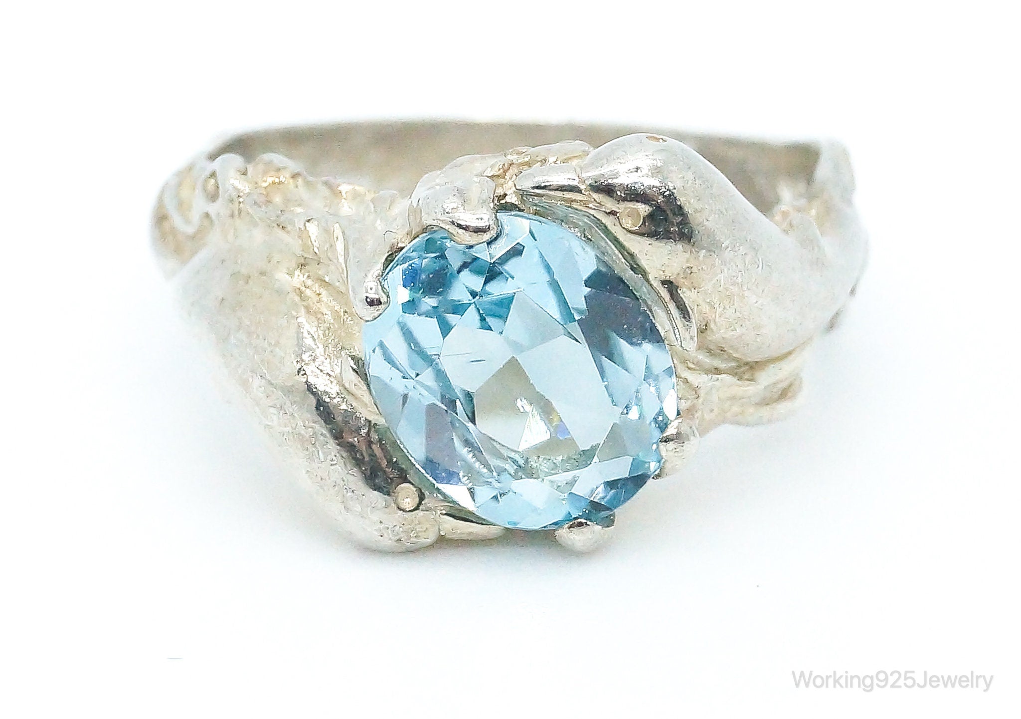 Vintage Blue Topaz Atomic Brutalist Sterling Silver Ring - Size 8.75