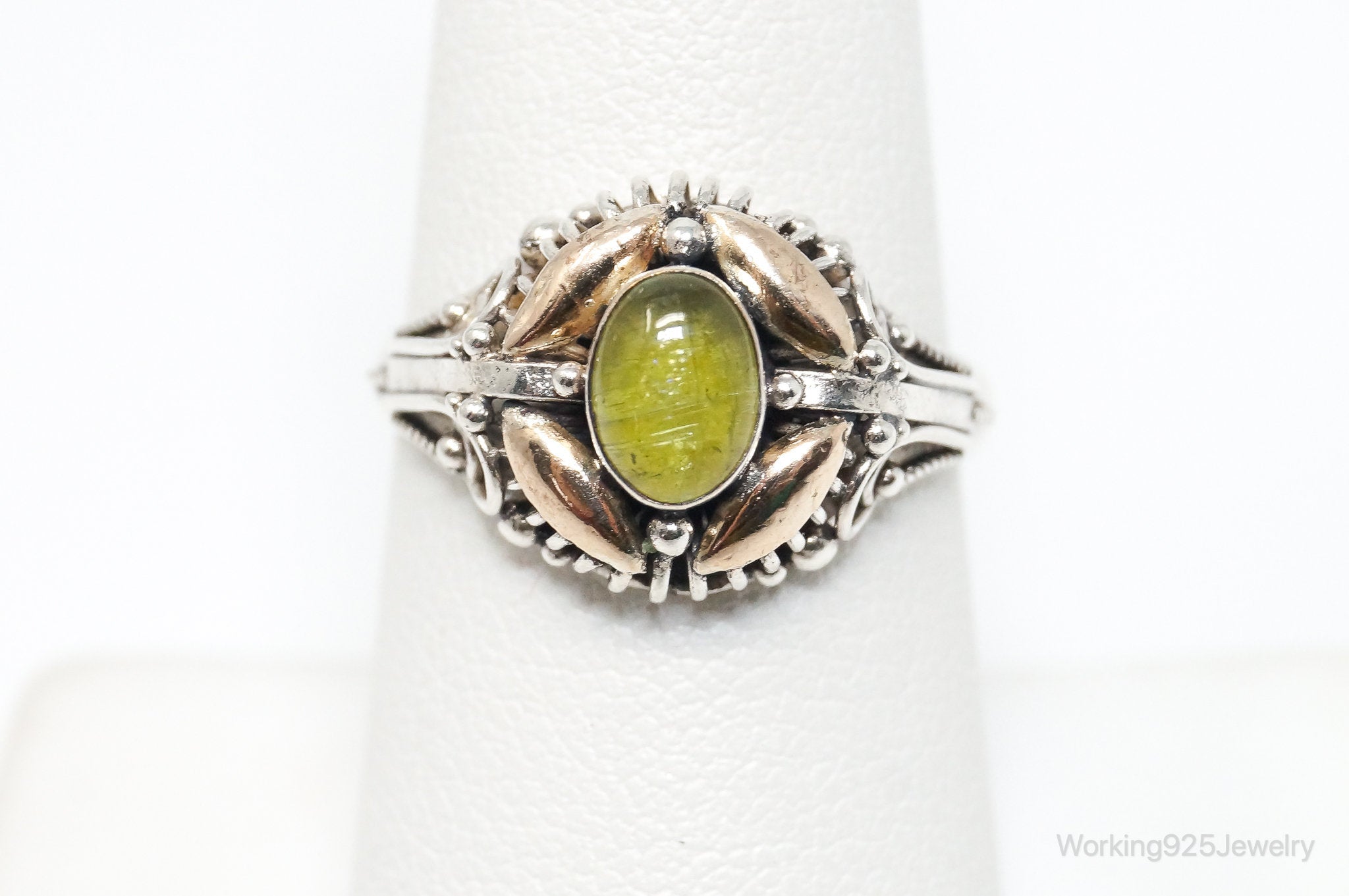 Vintage Bali Style Peridot Brass Sterling Silver Ring - Size 7.75