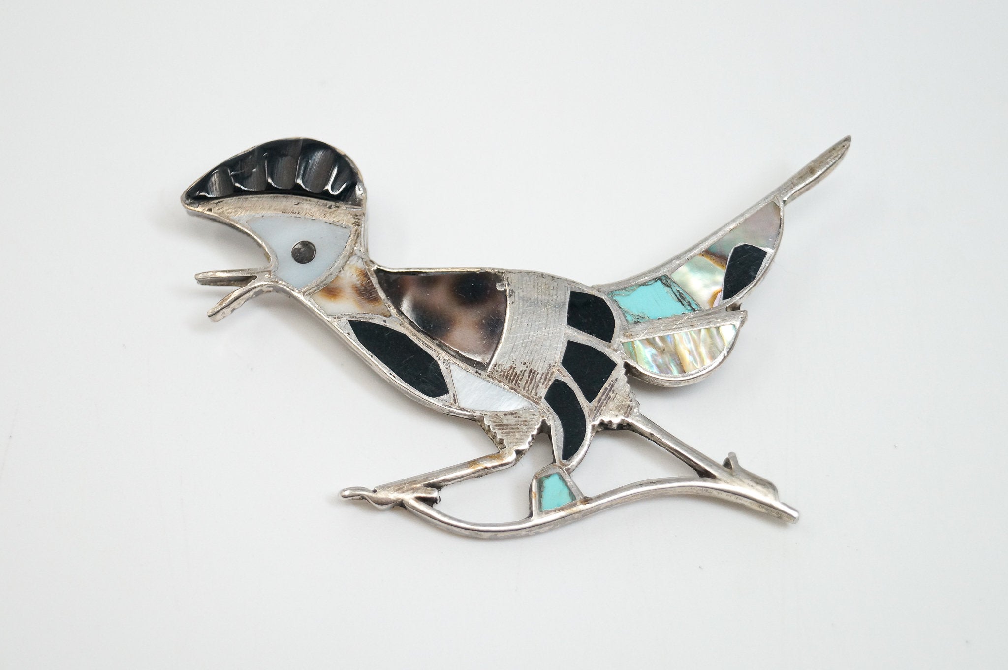 Vintage Handmade Native American Unsigned Roadrunner Sterling Silver Brooch Pin