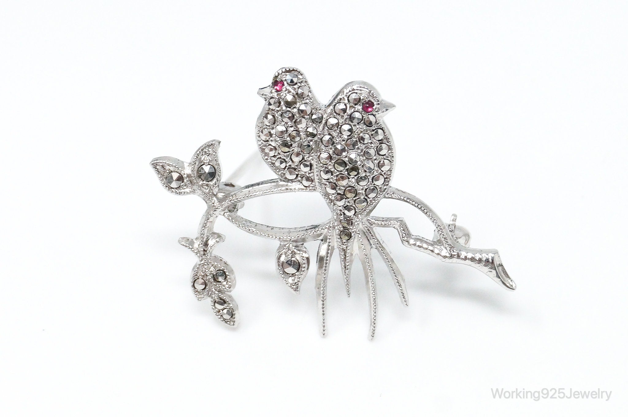 Vintage Birds On Branch Pink Gemstones Hematite Sterling Silver Pin Brooch