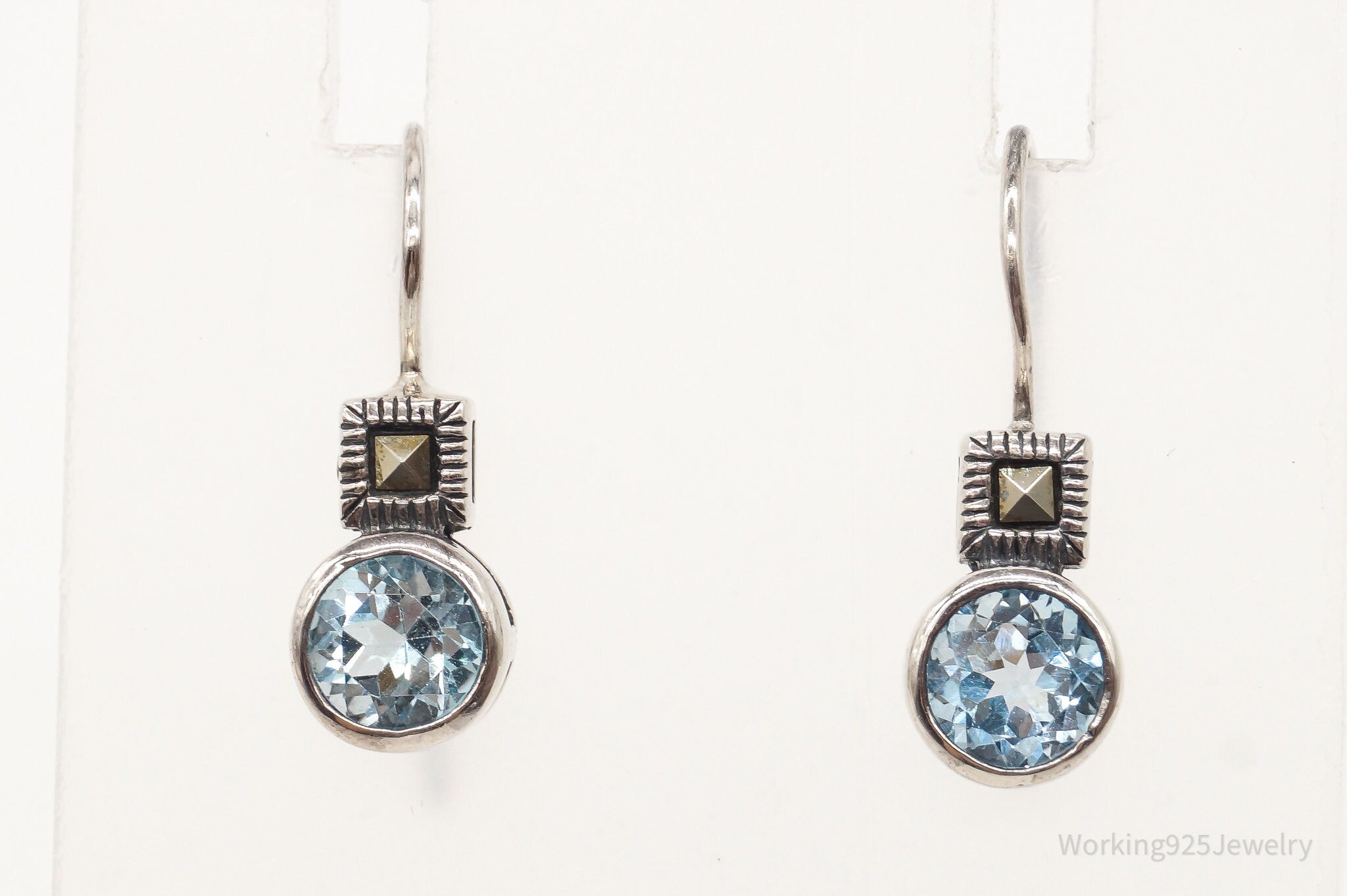 Vintage Designer SU Blue Topaz Marcasite Sterling Silver Earrings