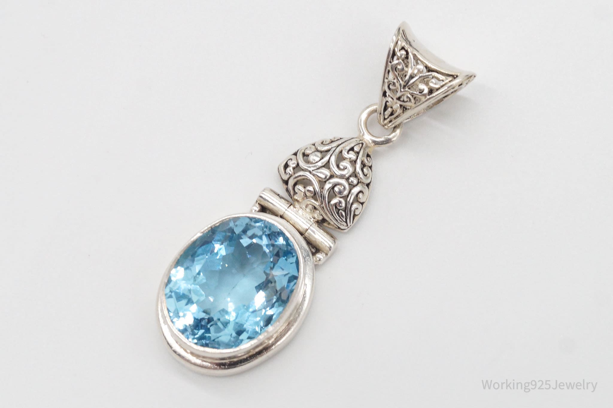 Large Vintage Blue Topaz Sterling Silver Necklace Pendant