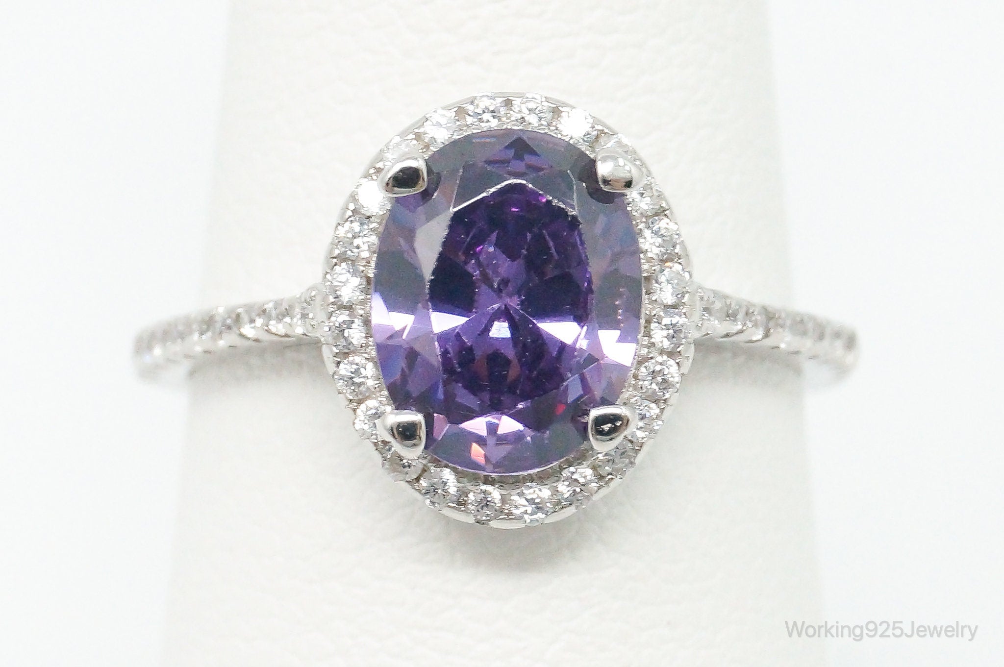 Large Amethyst Cubic Zirconia Sterling Silver Ring Size 7.25