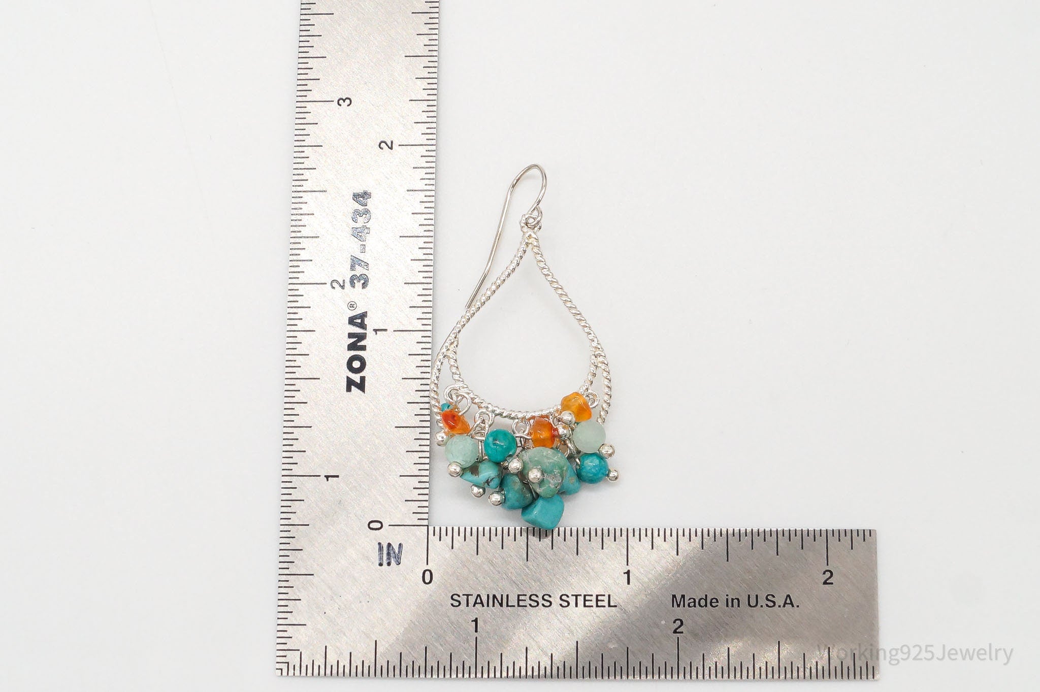 Vintage Carnelian Turquoise Chalcedony Beads Sterling Silver Earrings