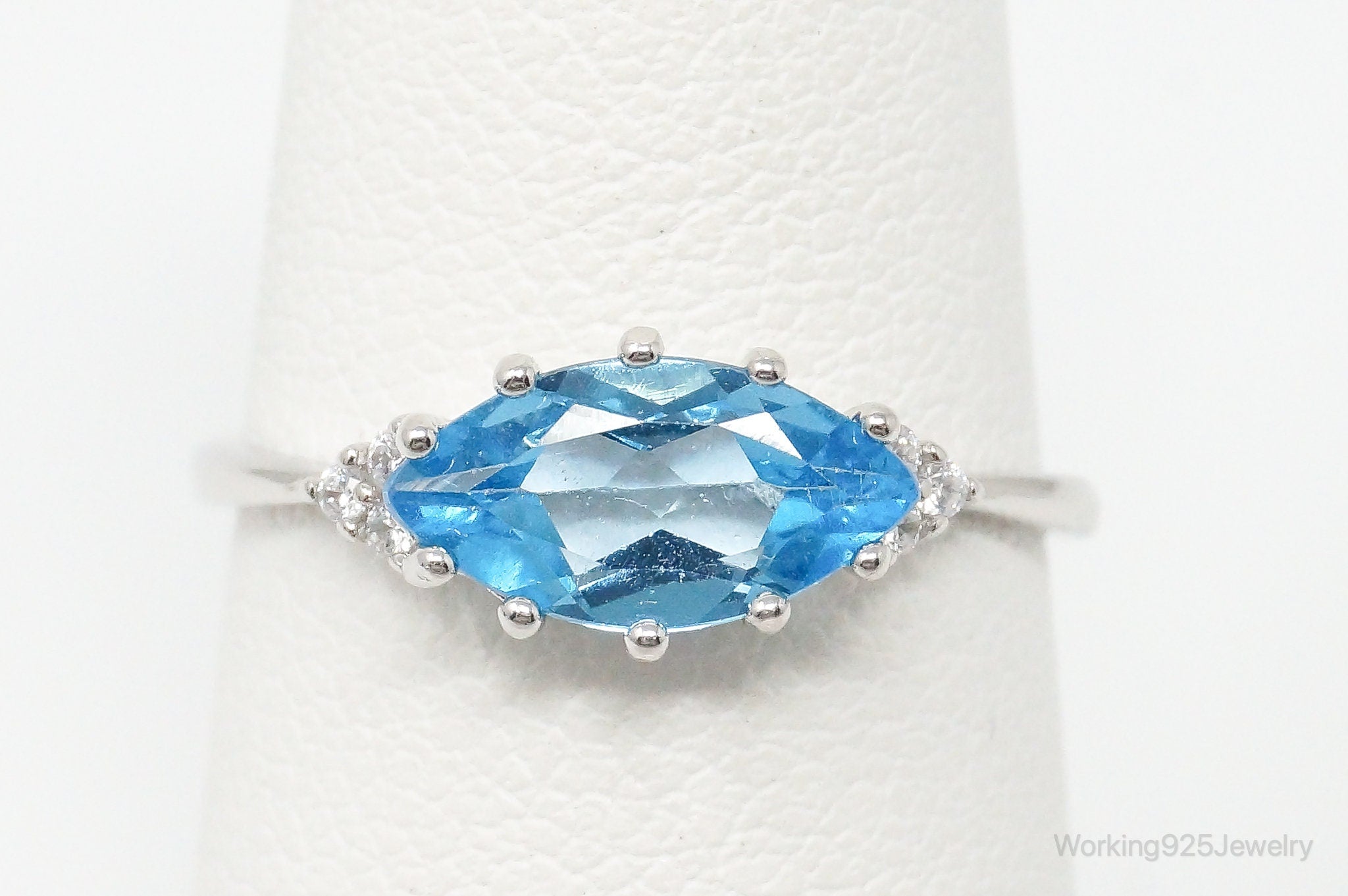 Vintage Blue Topaz Cubic Zirconia Sterling Silver Ring - Size 6.5 Adjustable