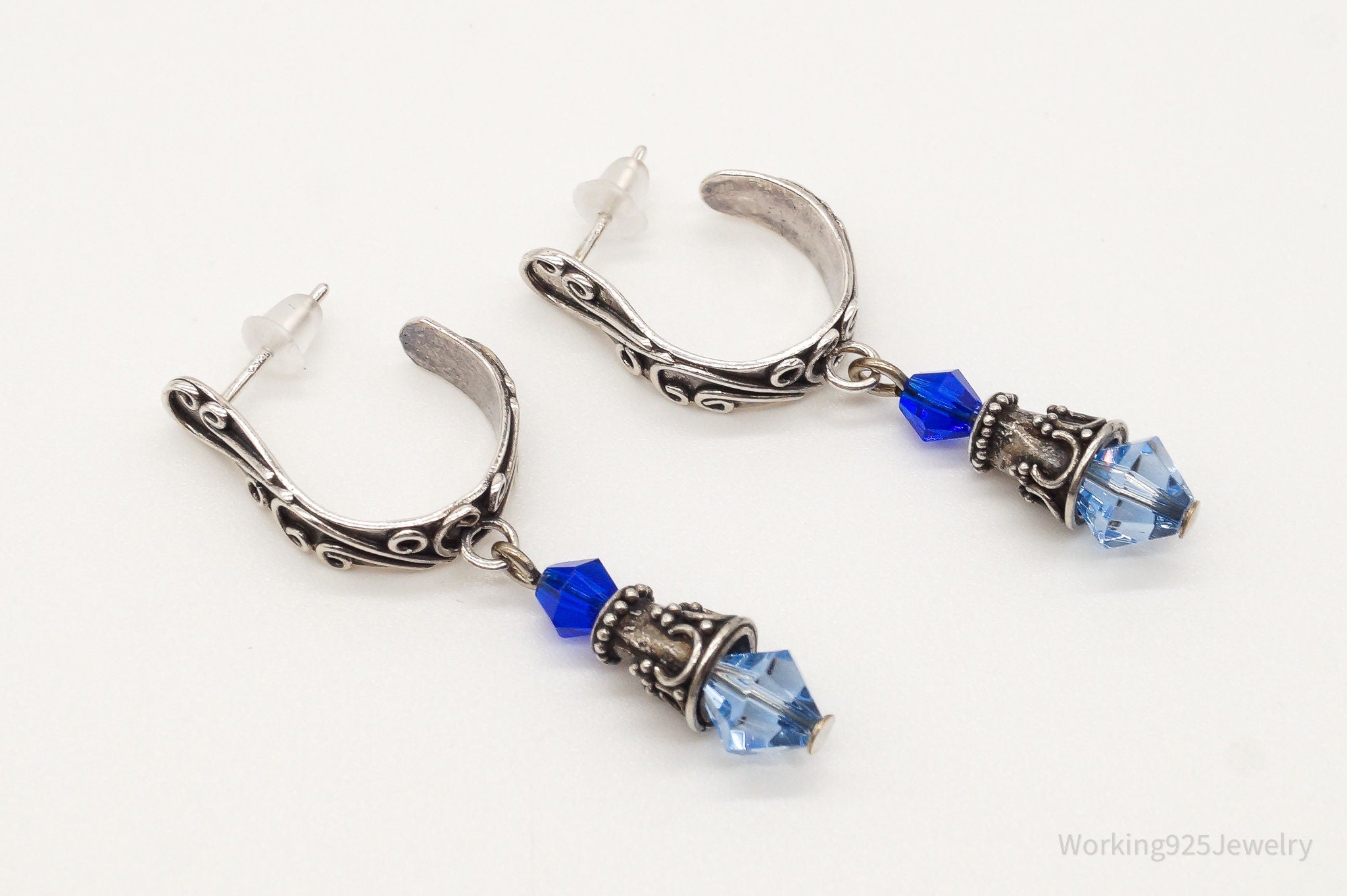 Vintage Bali Inspired Blue Bead Silver Earrings