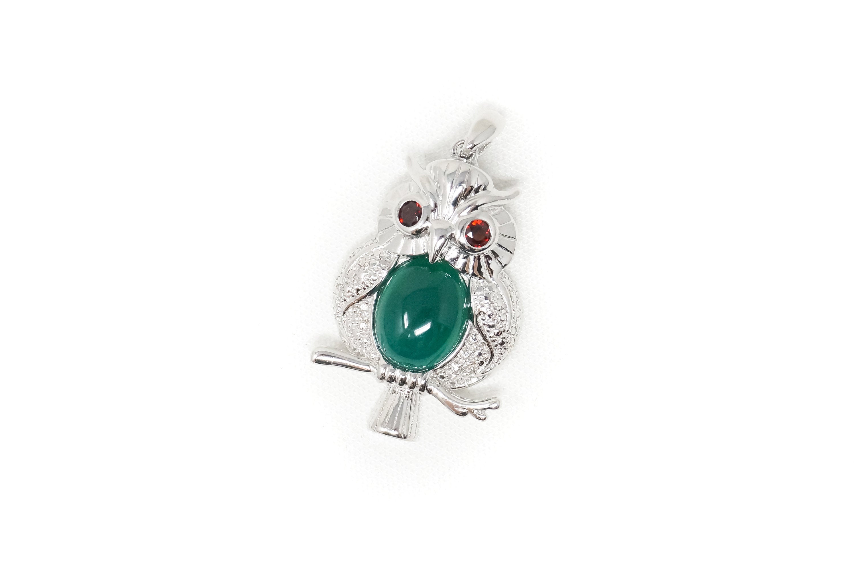 Vintage Green Chalcedony Garnet Wise Owl Sterling Silver Pendant Necklace