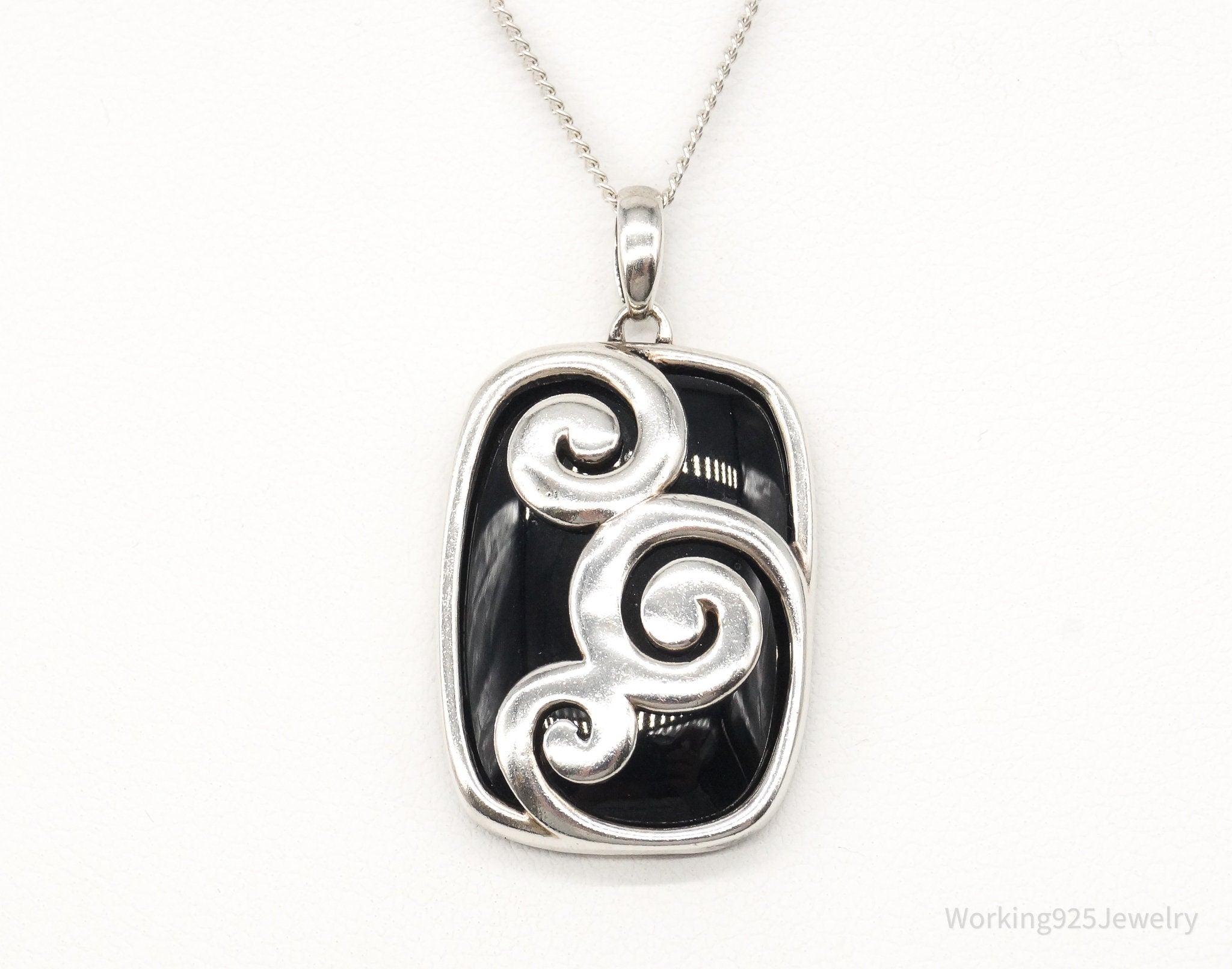 Vintage Black Onyx Swirls Sterling Silver Necklace