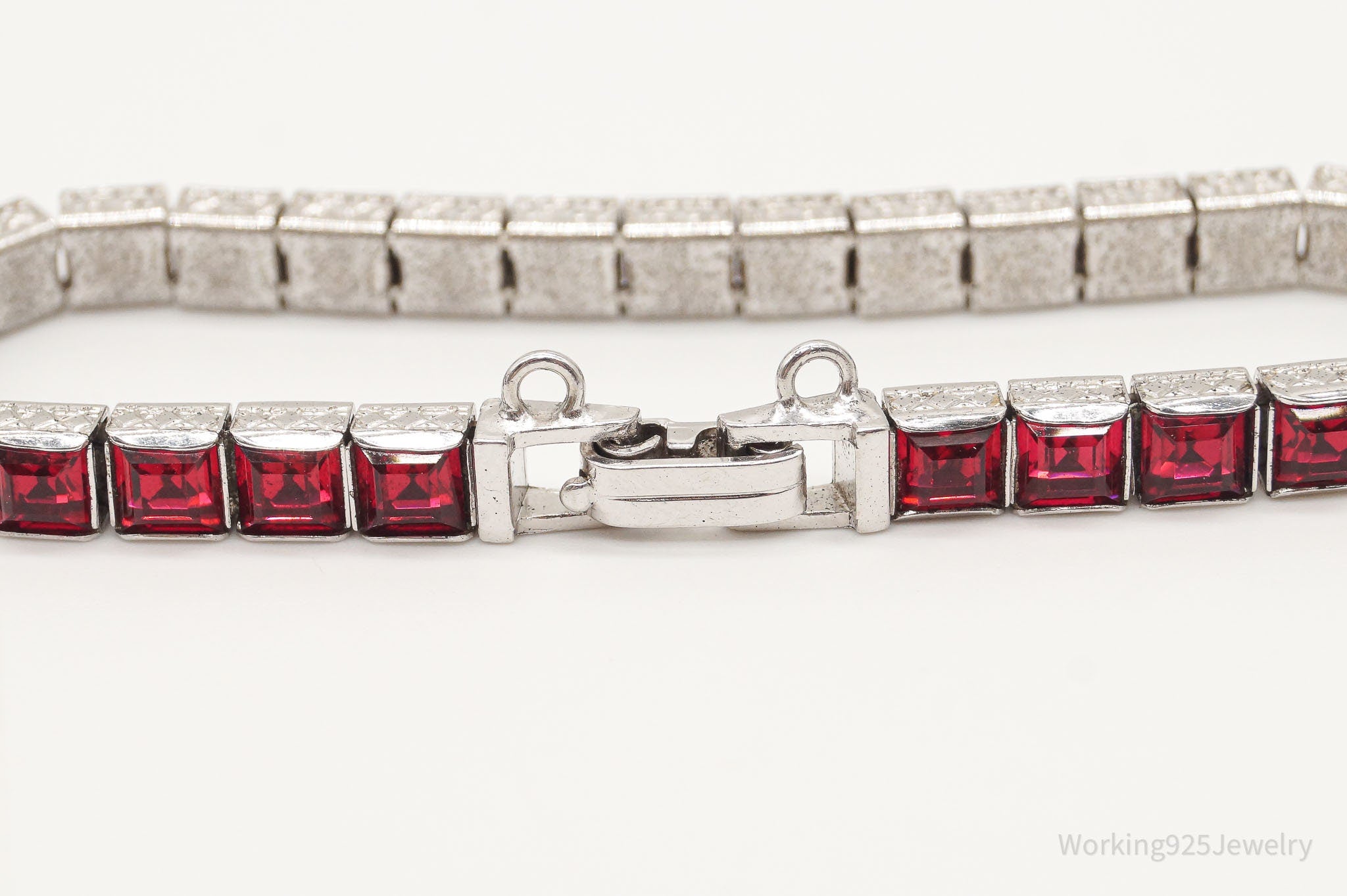 Antique Art Deco Channel Set Red Rhinestone Sterling Silver Bracelet