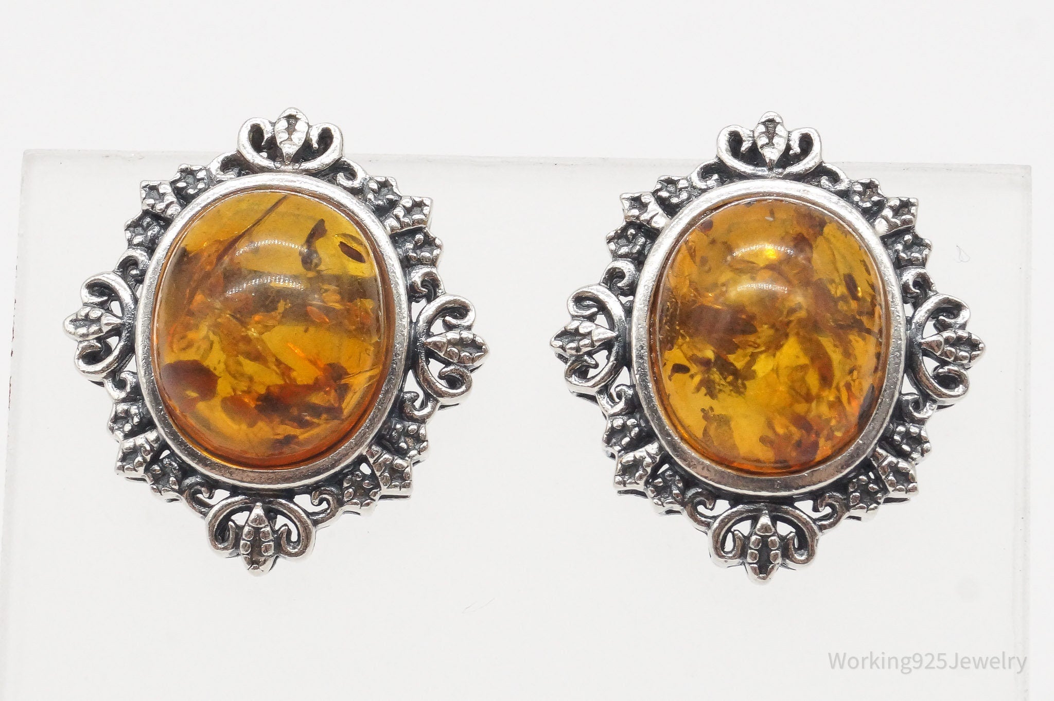 Vintage Amber Sterling Silver Earrings