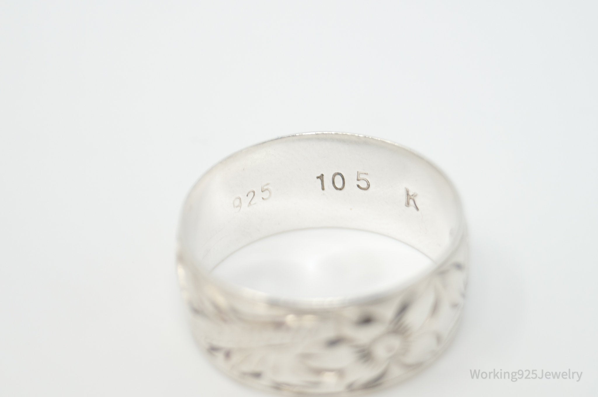 Vintage Designer Art Nouveau Floral Etched Sterling Silver Band Ring - Sz 10.75