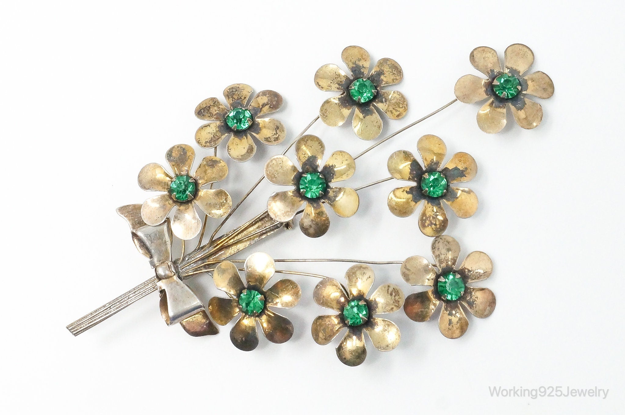 Large Vintage Green Rhinestone Flowers Gold Tone Sterling Silver Brooch Pin