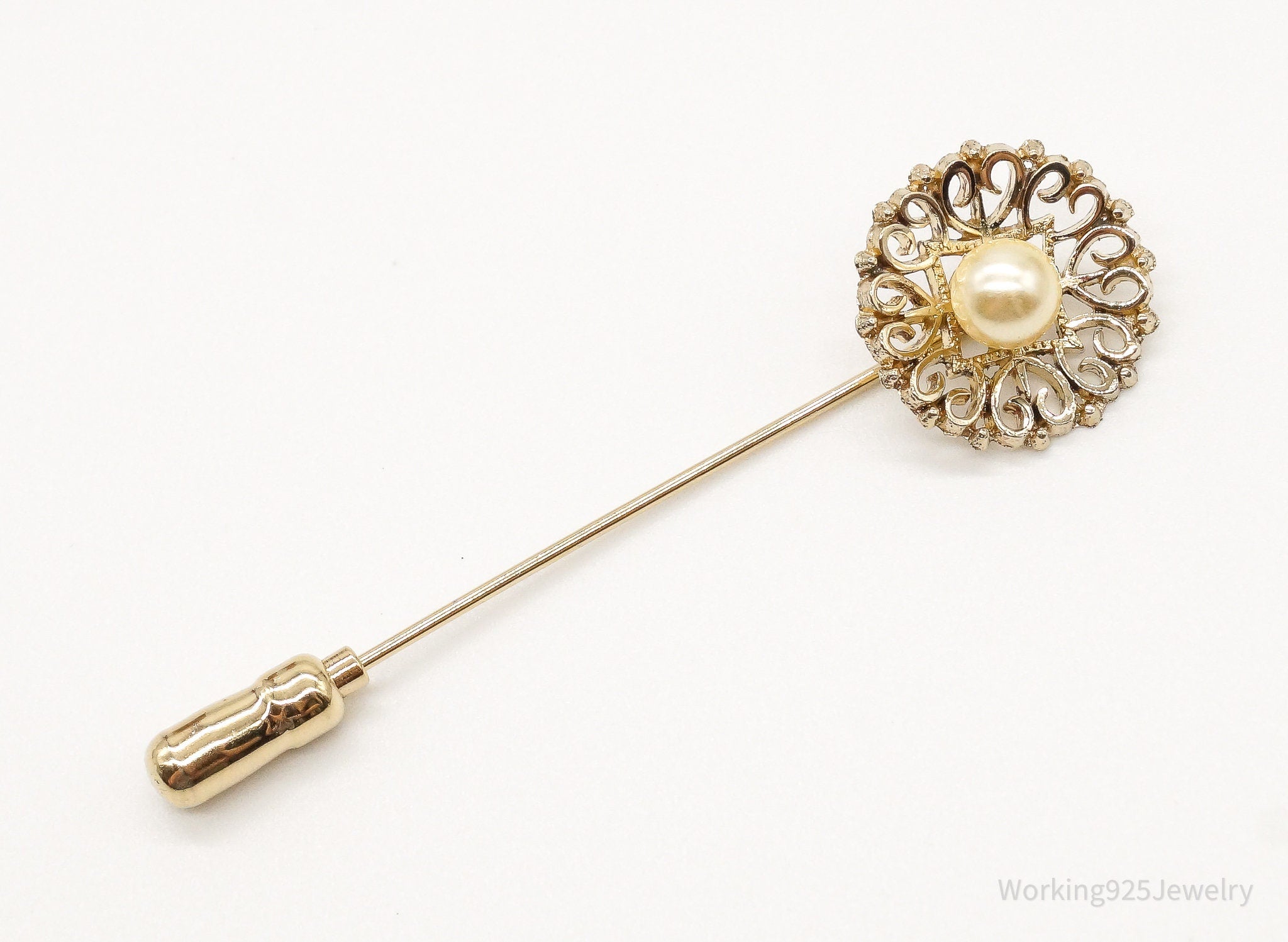 Antique Pearl Gold Vermeil Sterling Silver Stick Pin Brooch