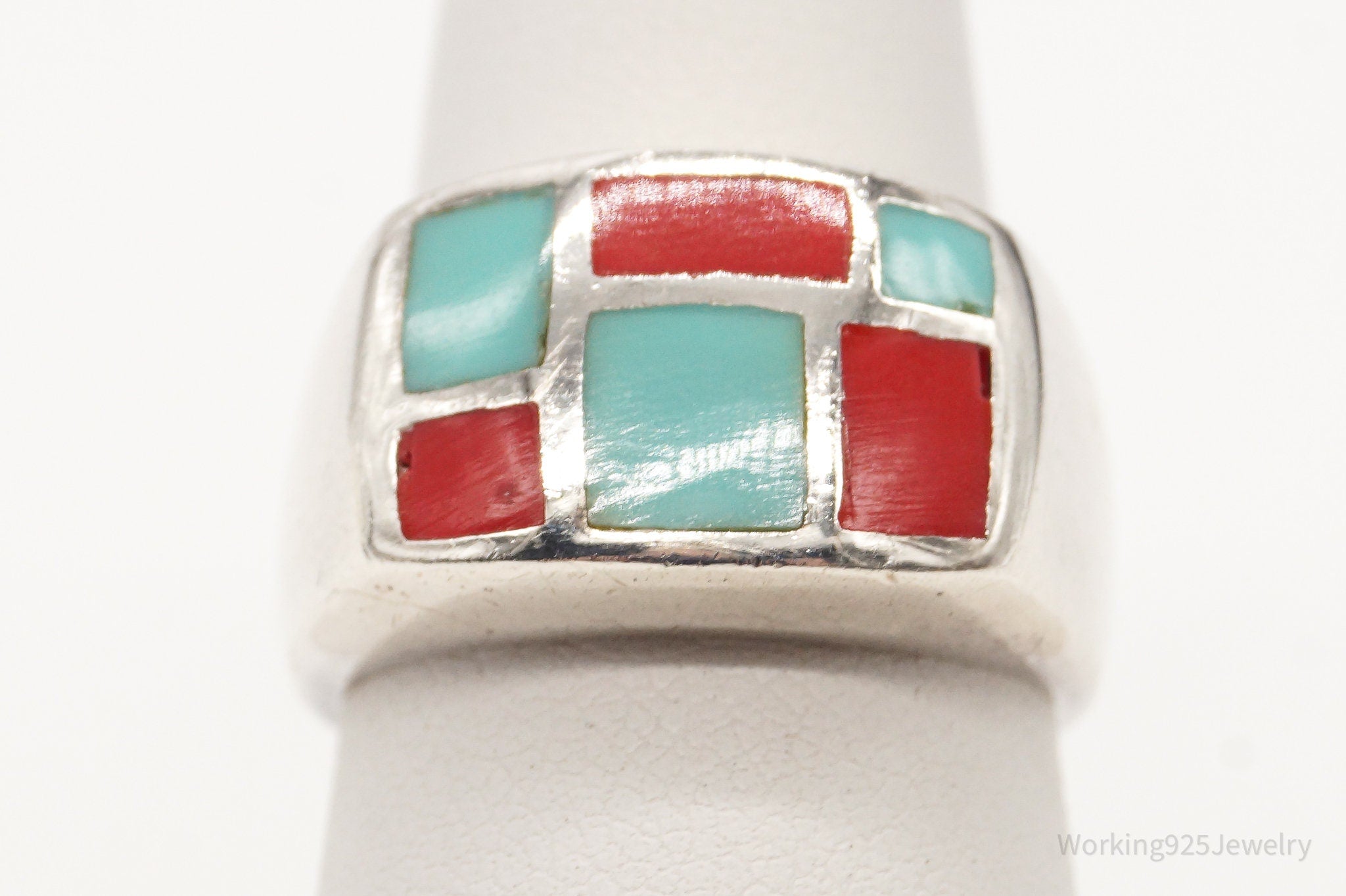 Vintage Coral Turquoise Sterling Silver Ring Size 6.5