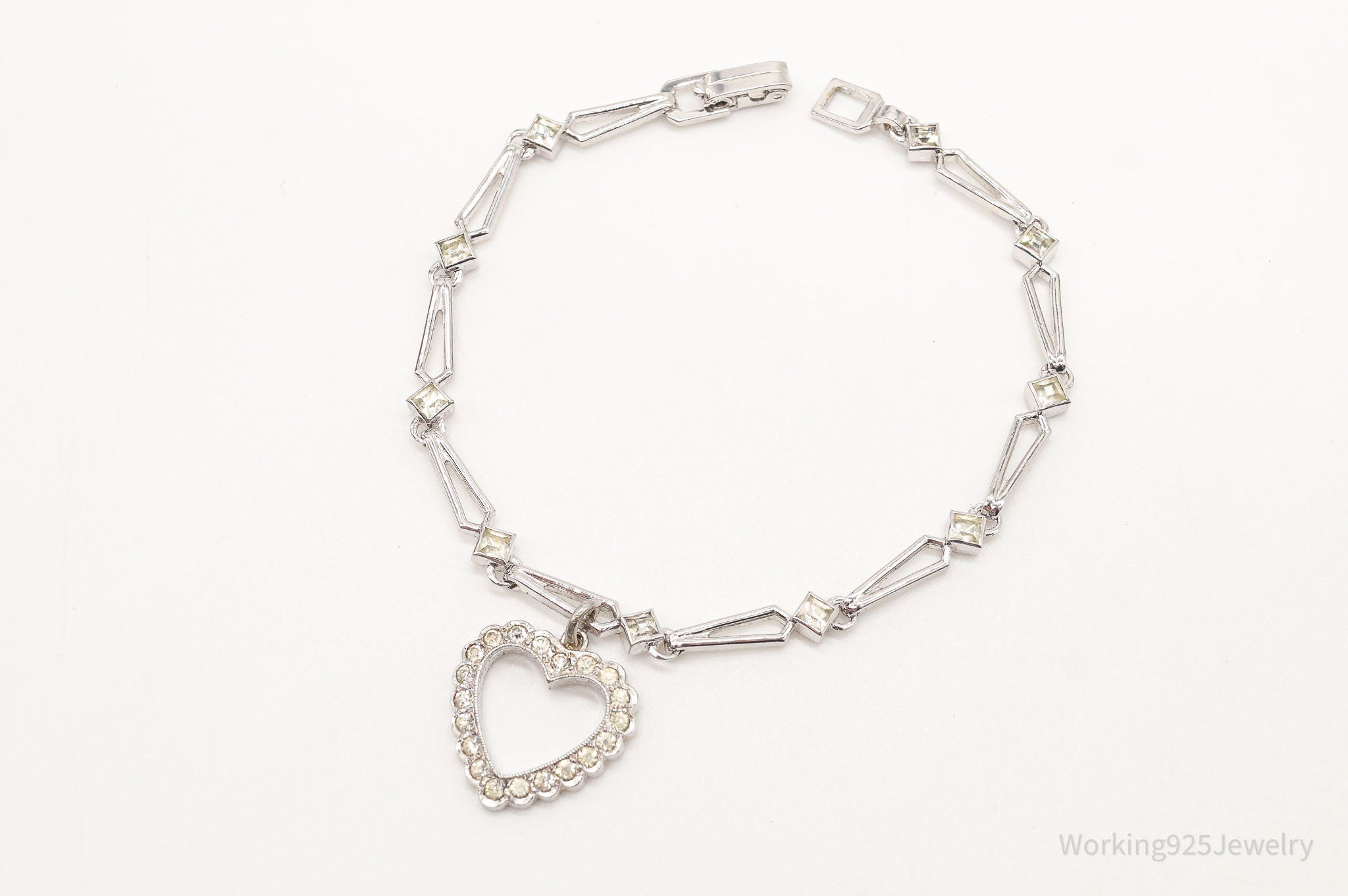 Antique Designer Rhinestone Heart Charm Sterling Silver Bracelet