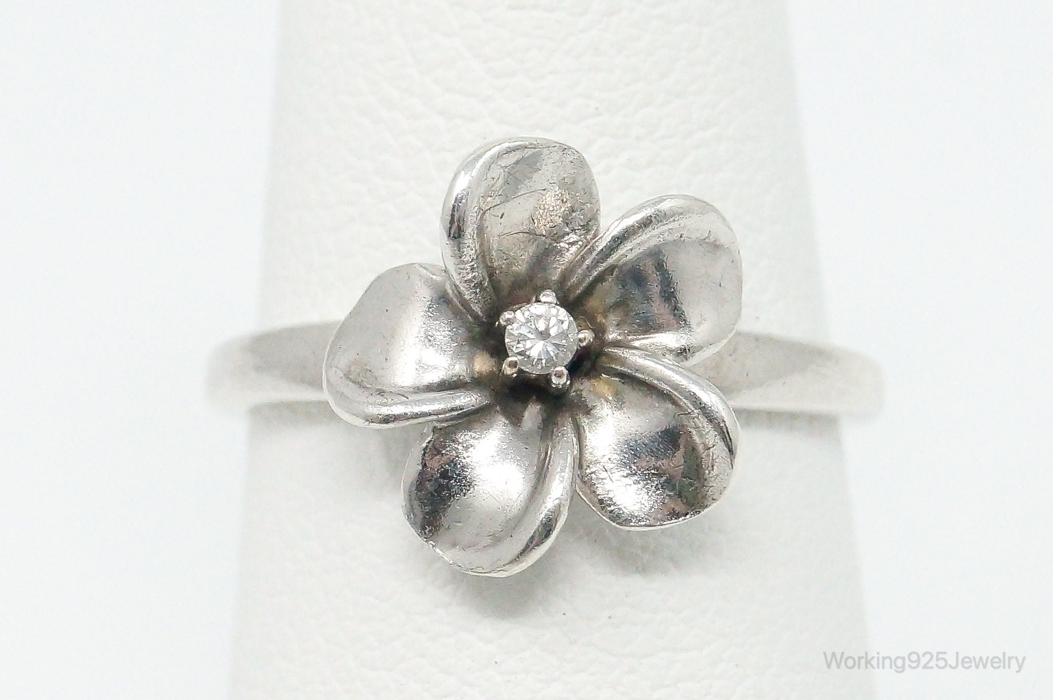 Vintage Cubic Zirconia Sterling Silver Flower Ring - Size 6