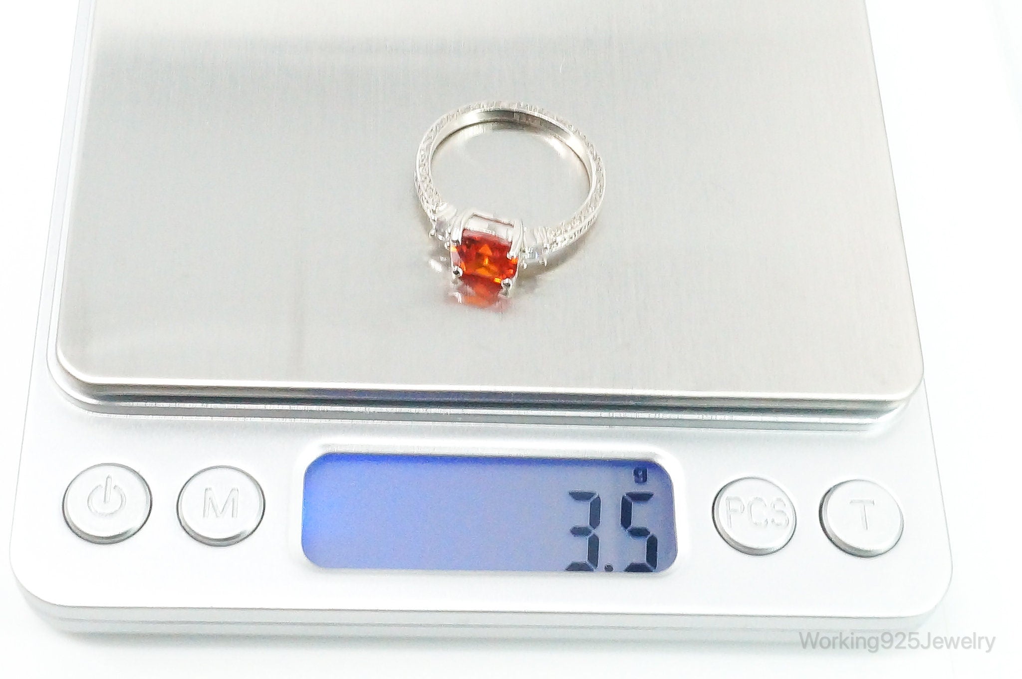 Large Orange Topaz White Cubic Zirconia Sterling Silver Ring - Size 9.25