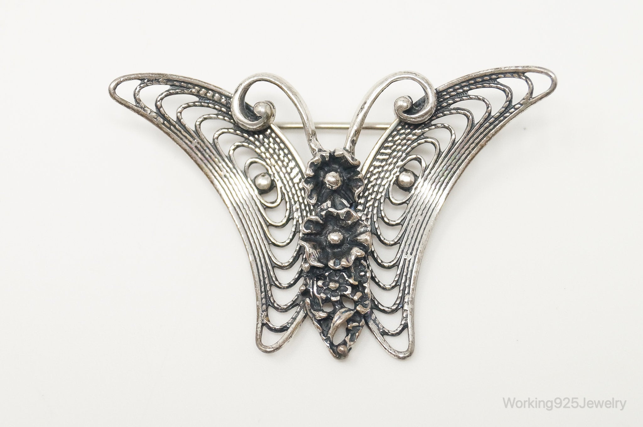 Vintage Designer Beau Filigree Butterfly Modern Sterling Silver Brooch Pin