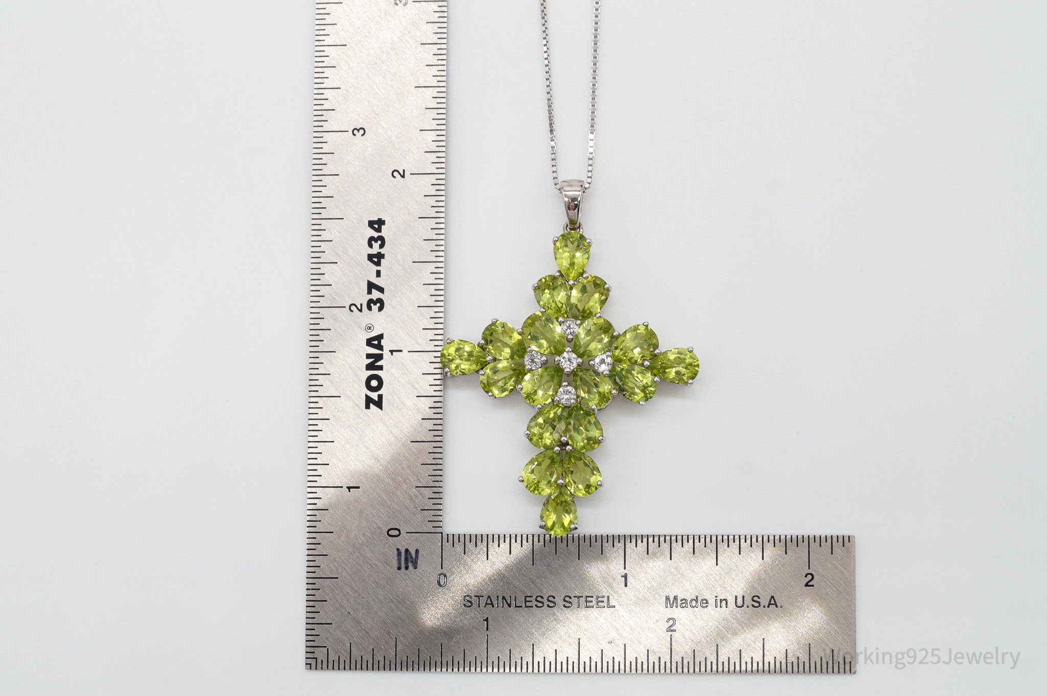 Designer Peridot White Topaz Rhodium Sterling Silver Cross Necklace