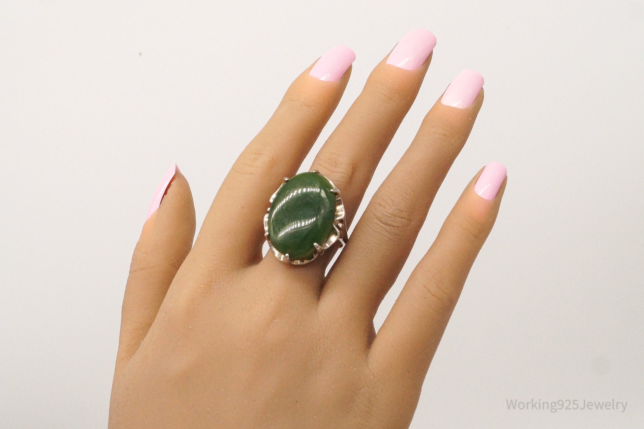 Antique Large Nephrite Jade Sterling Silver Ring - Size 10.75