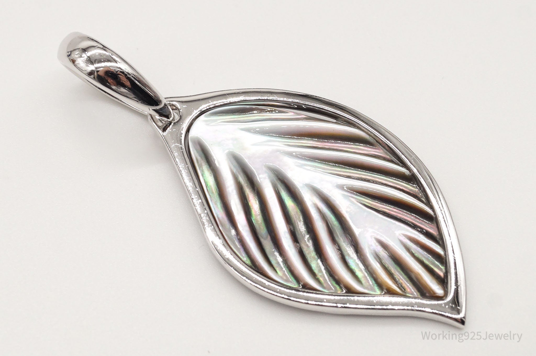 Large Vintage Carved Abalone Shell Sterling Silver Leaf Pendant