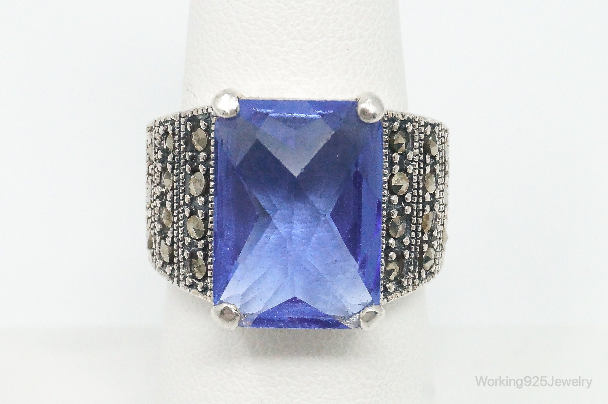 Vintage Large Blue Topaz Marcasite Accented Ring Sterling Silver - Size 7