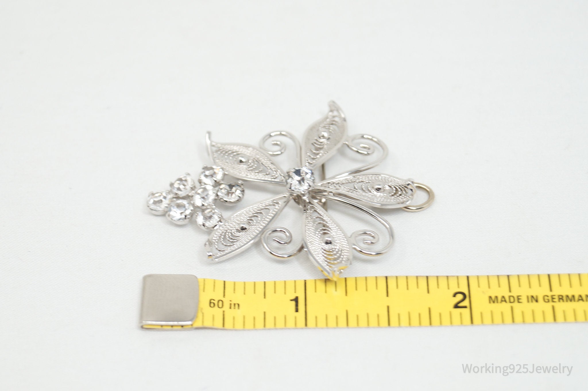 Large Vintage Designer Ann Lee Rhinestone Floral Sterling Silver Brooch Pendant