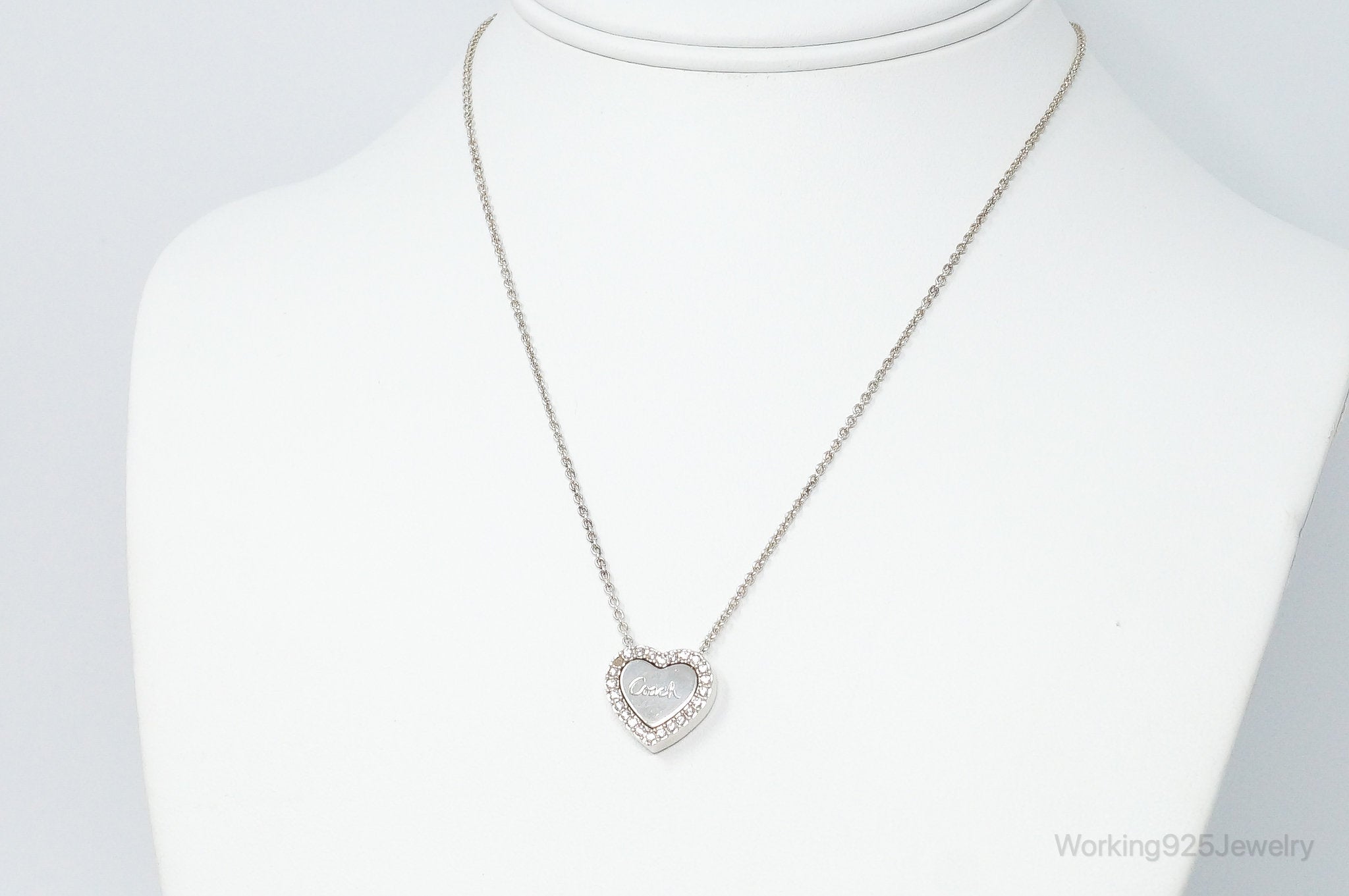 Designer COACH Crystal Heart Sterling Silver Necklace