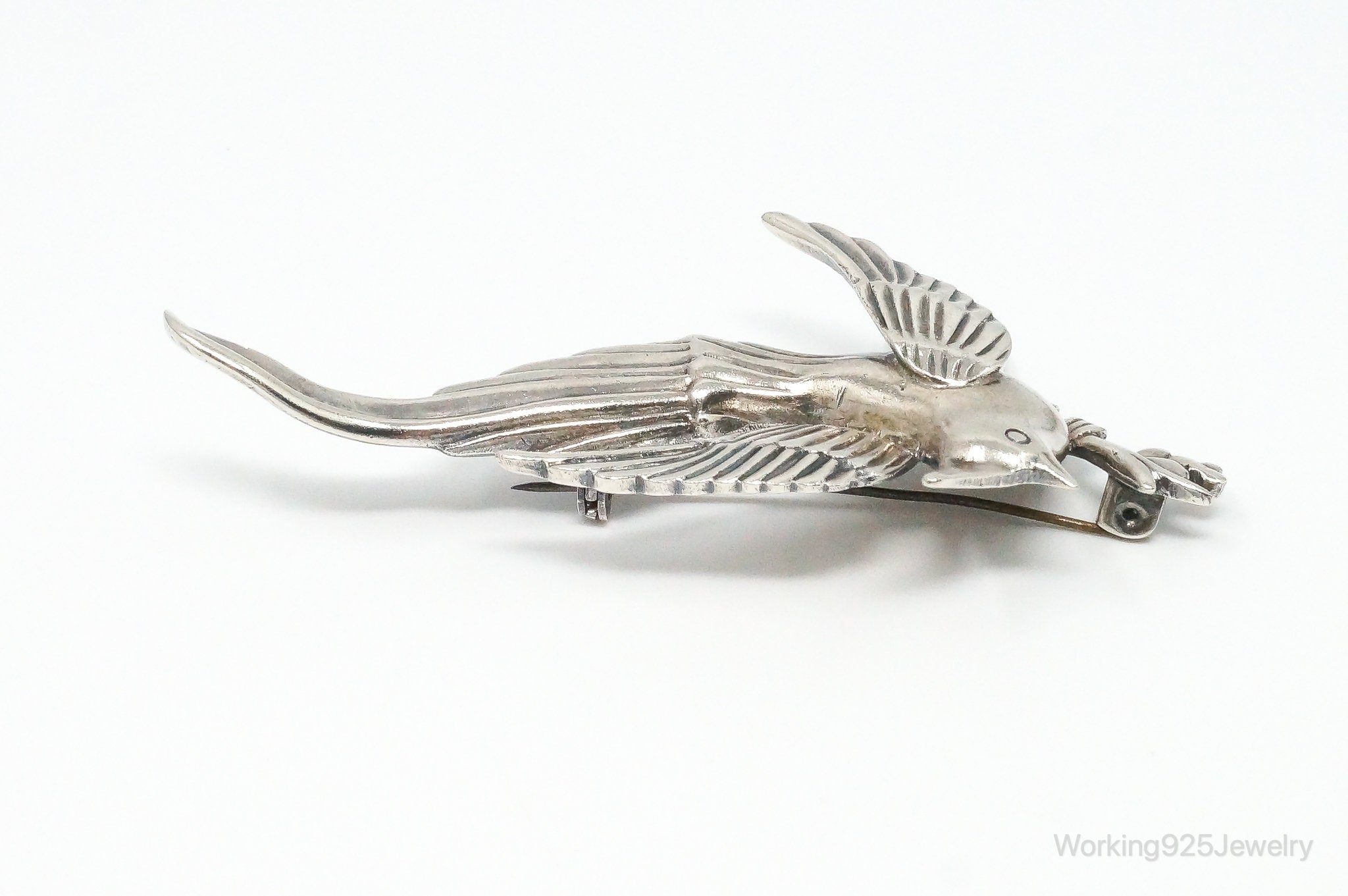 Large Heavy Vintage Mexico Perched Bird Silver Brooch Pin