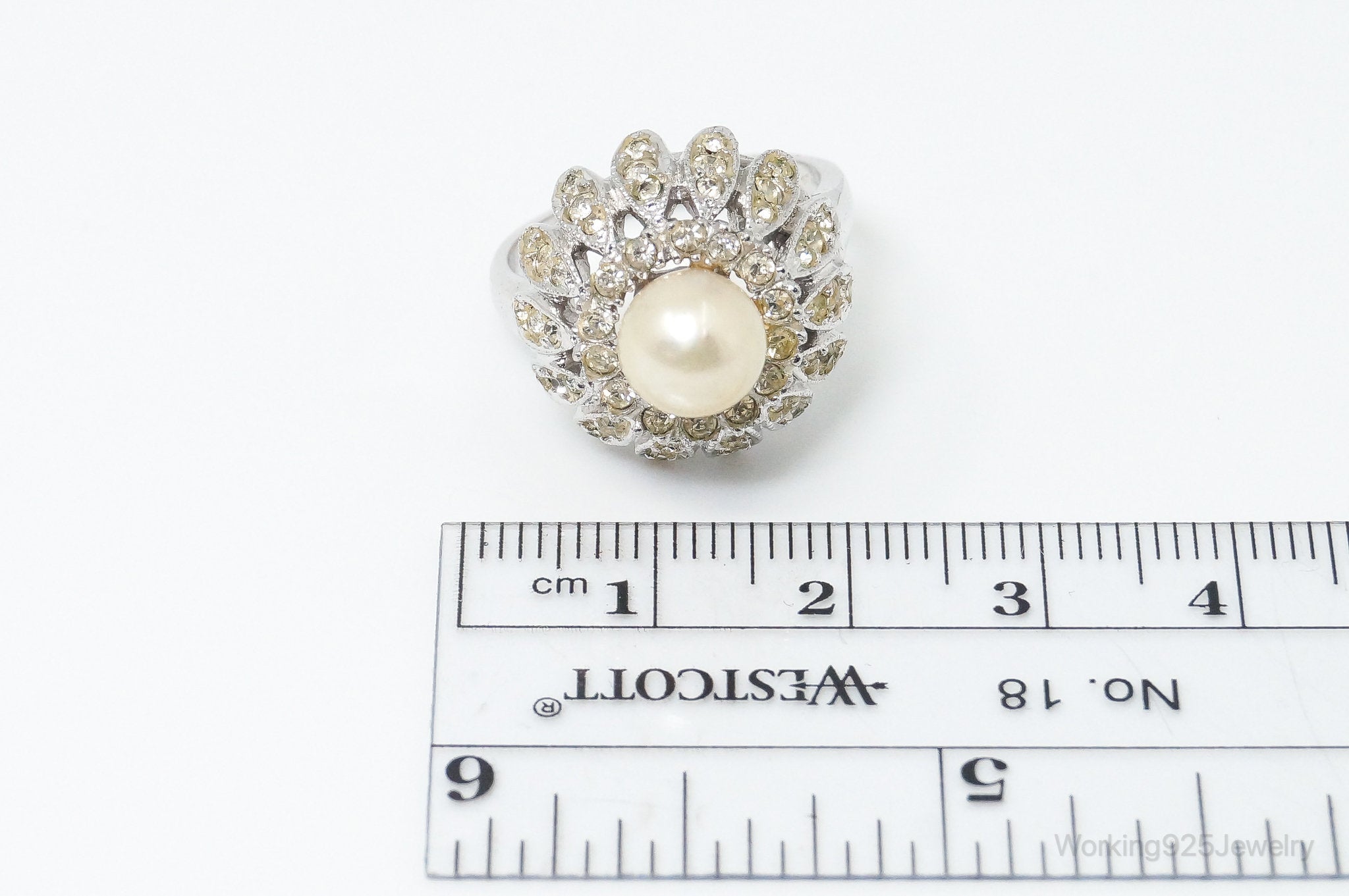 Vintage Designer ESPO Faux Pearl Rhinestone Sterling Silver Ring - SZ 6.75