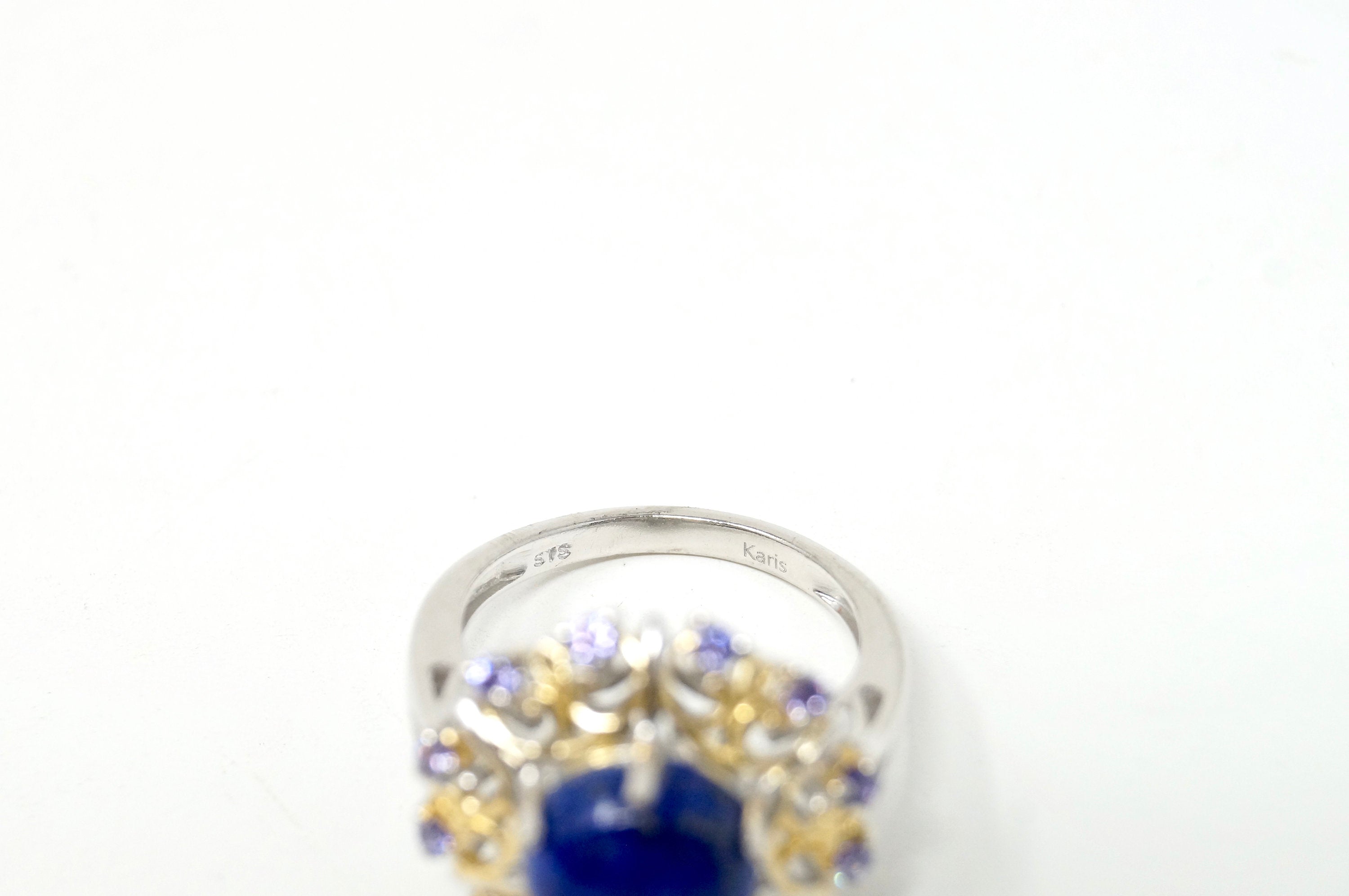 Vintage Karis Blue Lapis Lazuli Amethyst Gold Wash Deco Sterling Silver Ring Sz8