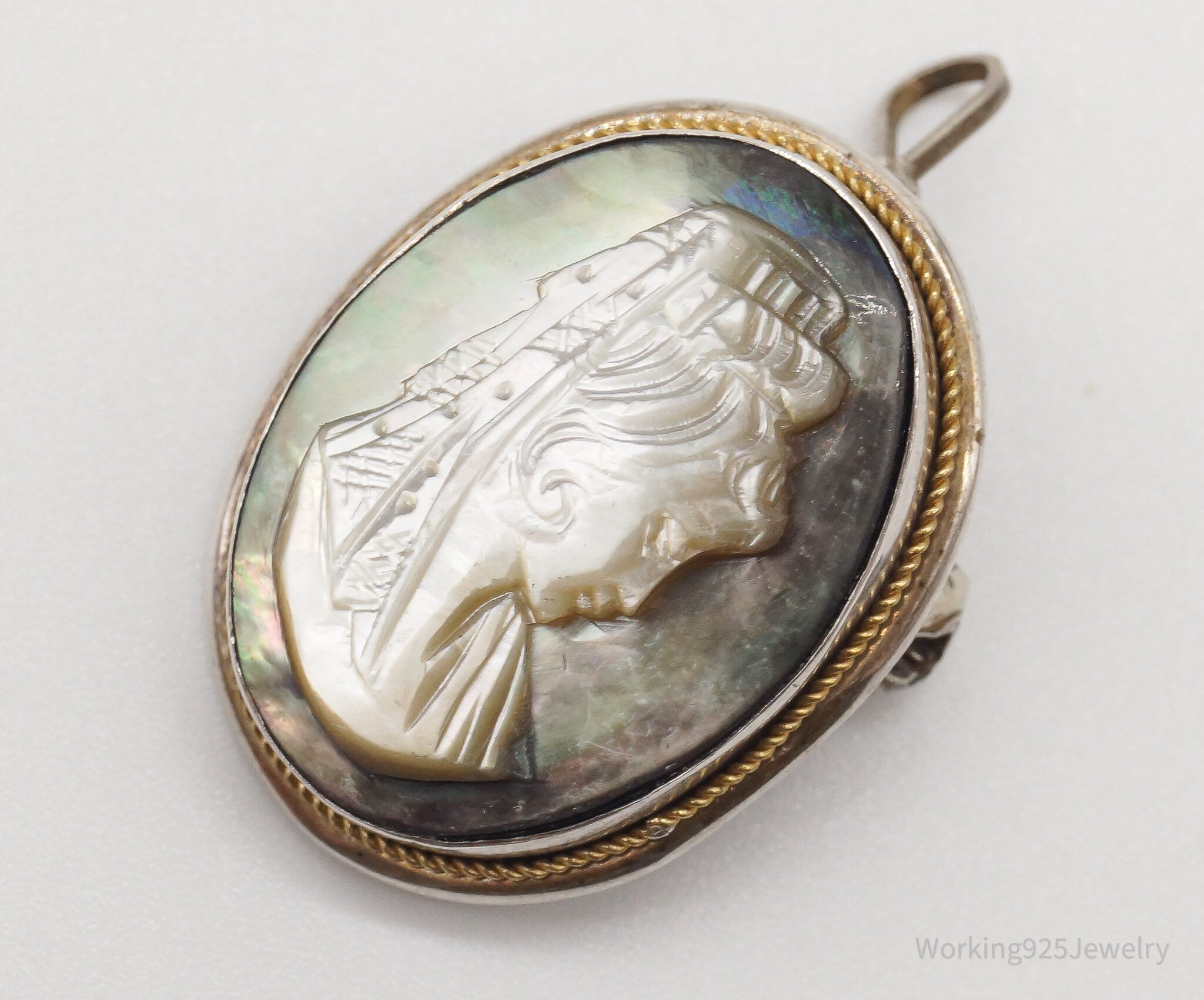 Antique Carved Abalone Shell Woman Cameo 800 Silver Pendant Brooch