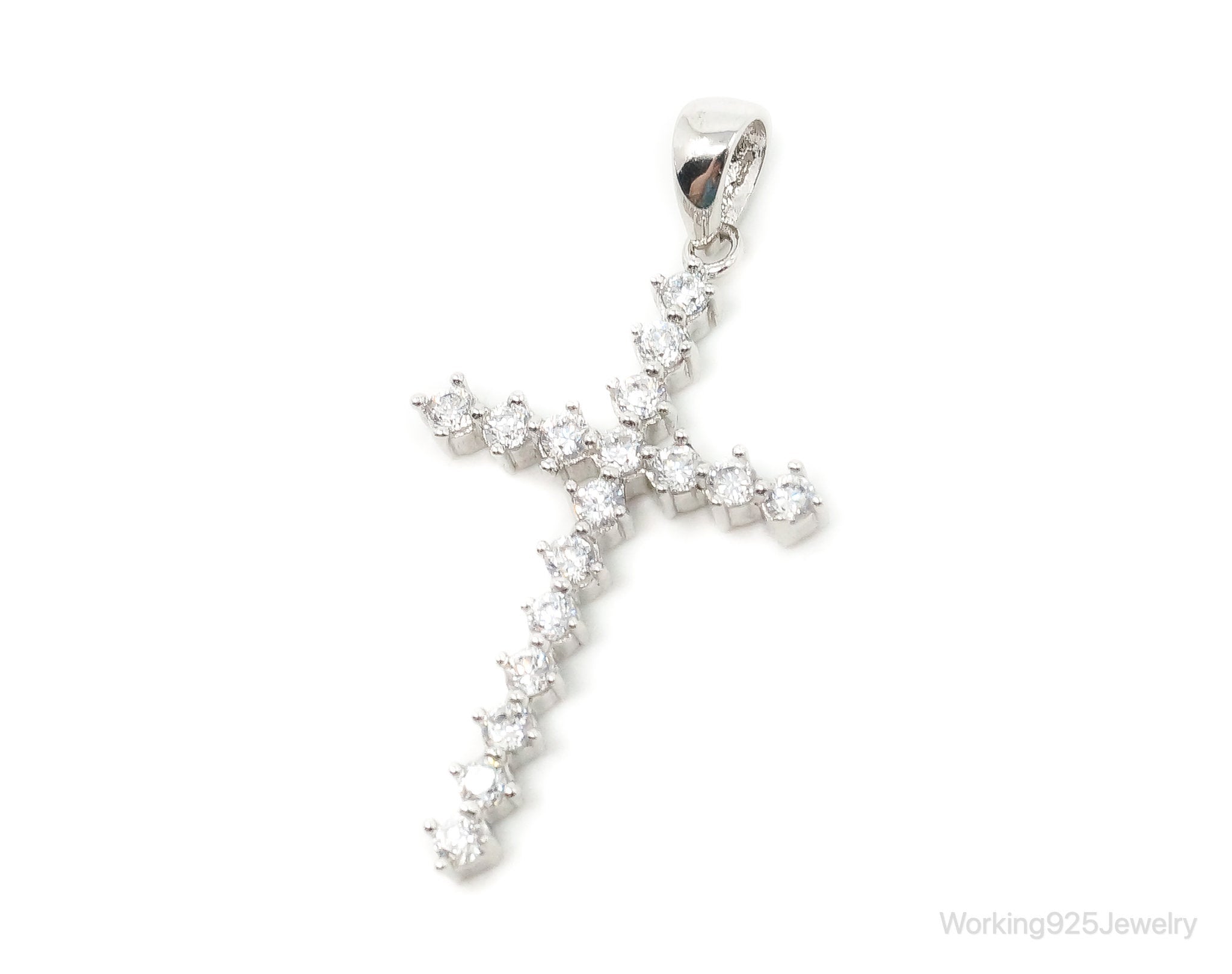 Large Vintage Cubic Zirconia Cross Sterling Silver Necklace Pendant
