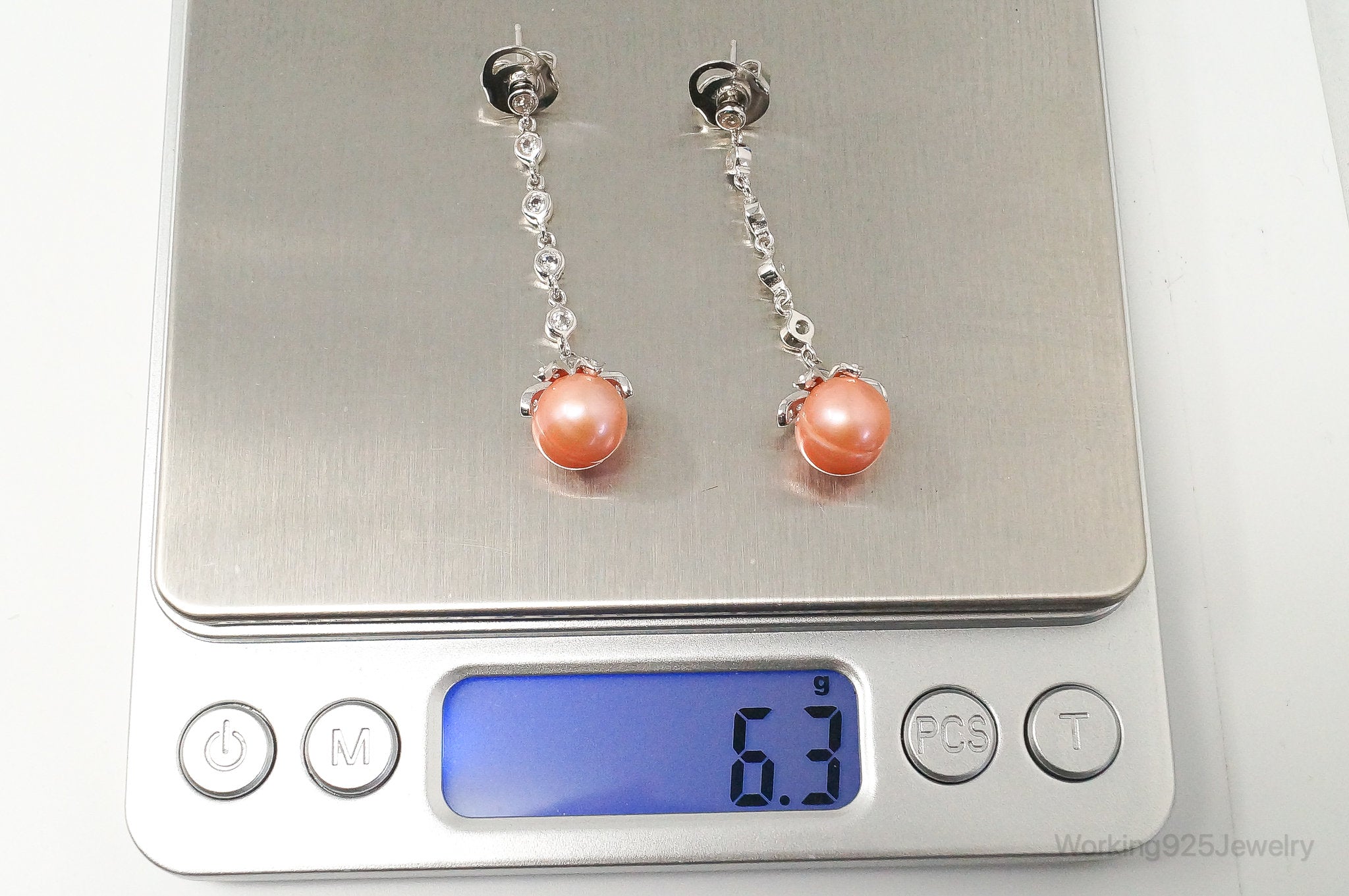 Italian Designer Peach Pearl Cubic Zirconia Sterling Silver Earrings