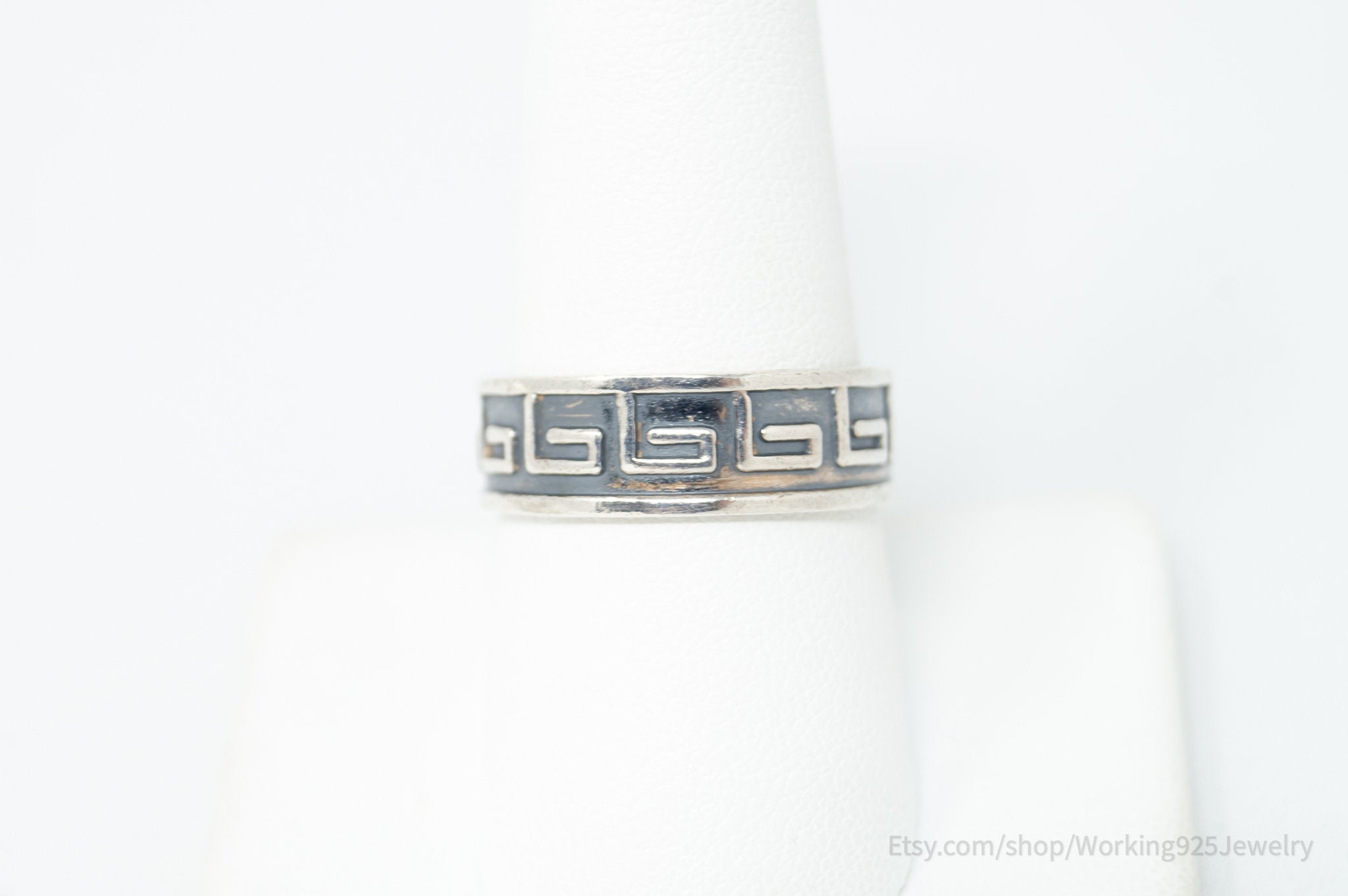 Vintage Greek Key Design Oxidized Sterling Silver Band Ring - Sz 9