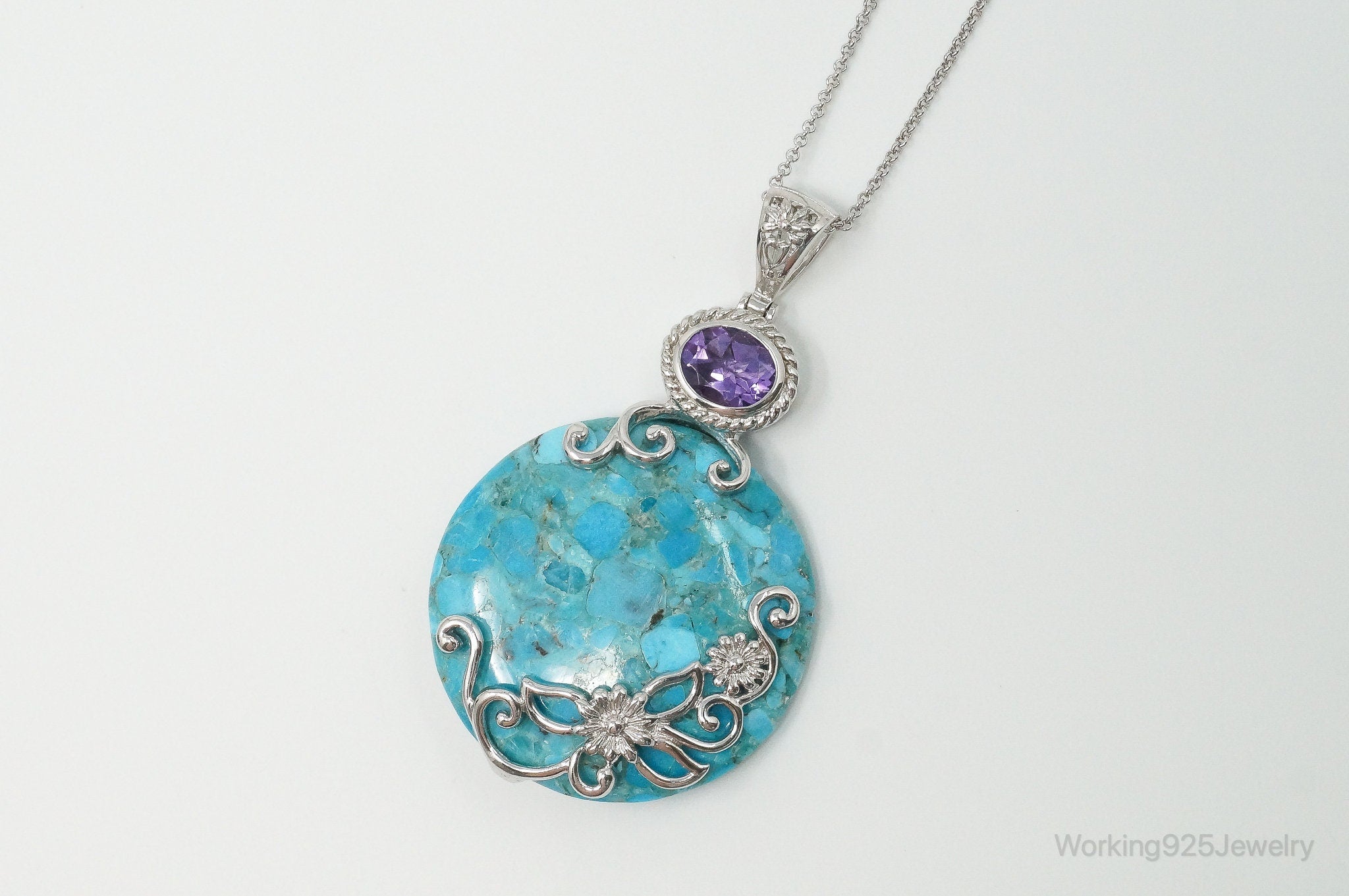 Designer Large Blue Mojave Turquoise Amethyst Sterling Silver Necklace