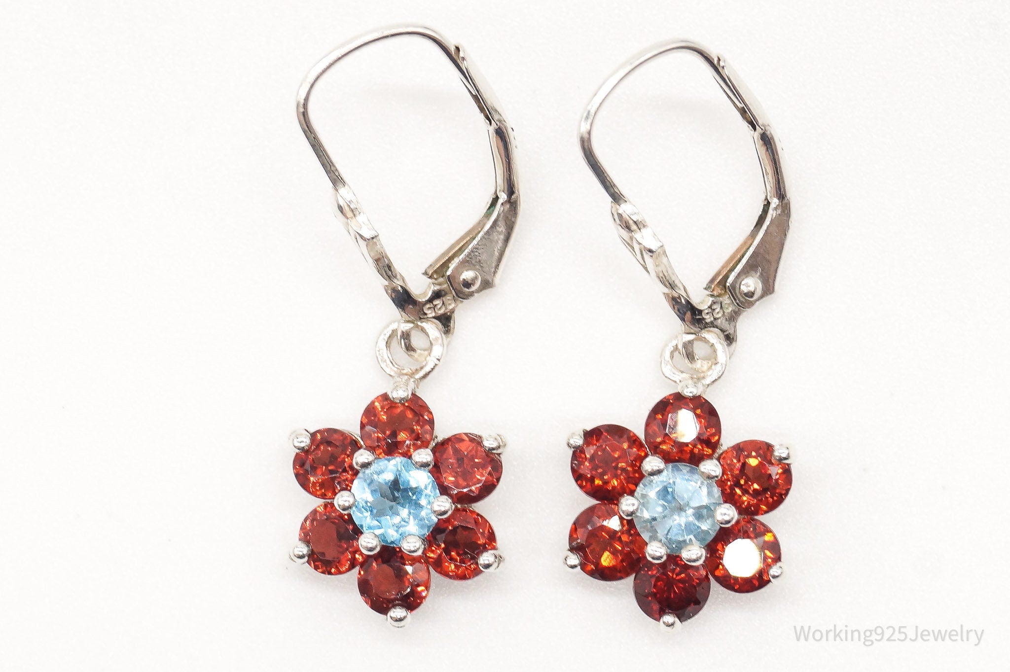 Vintage Blue Topaz Garnet Sterling Silver Flowers Earrings