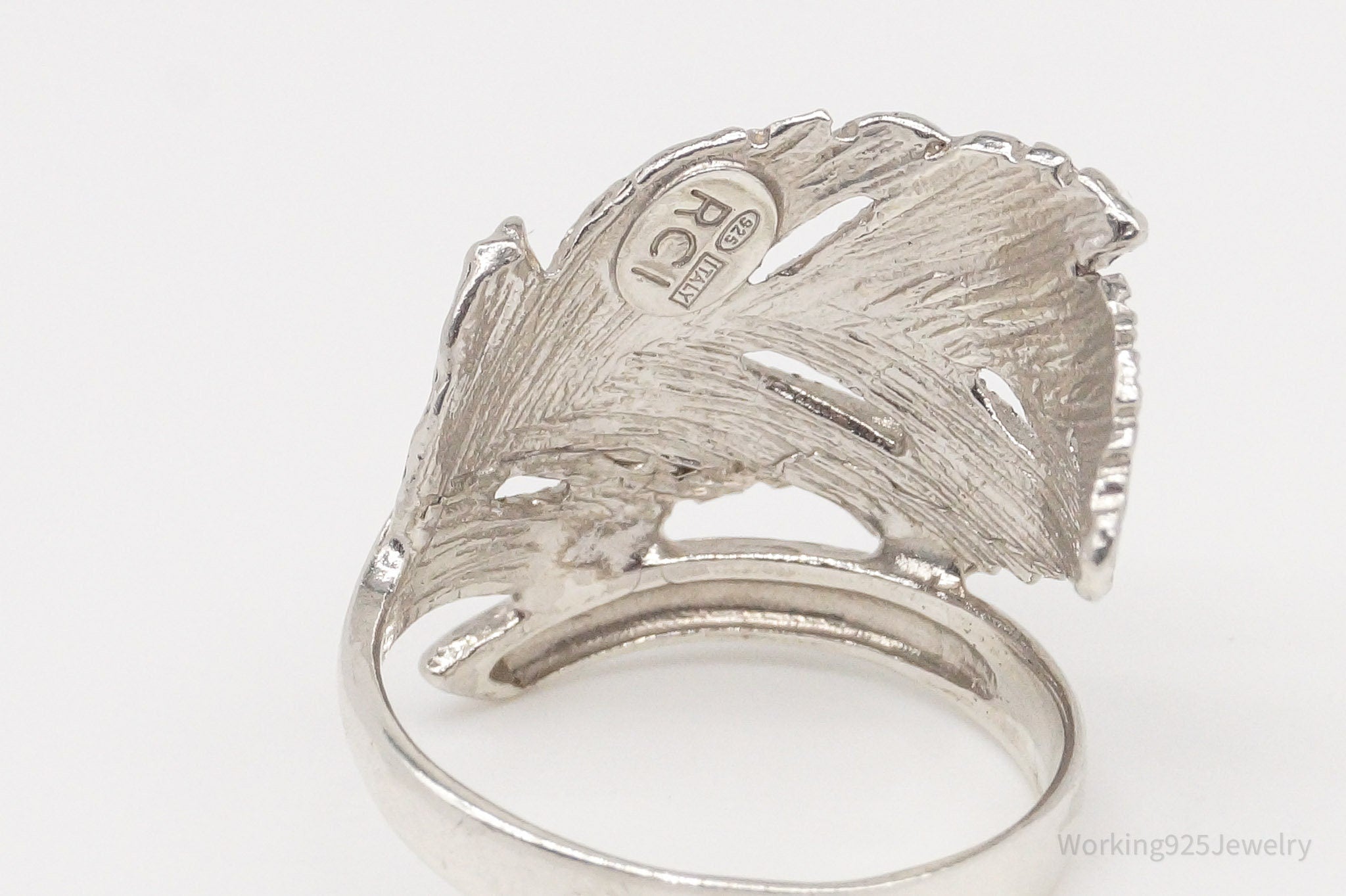 Vintage Italian Designer RCI Leaf Feather Sterling Silver Ring - Size 7.5