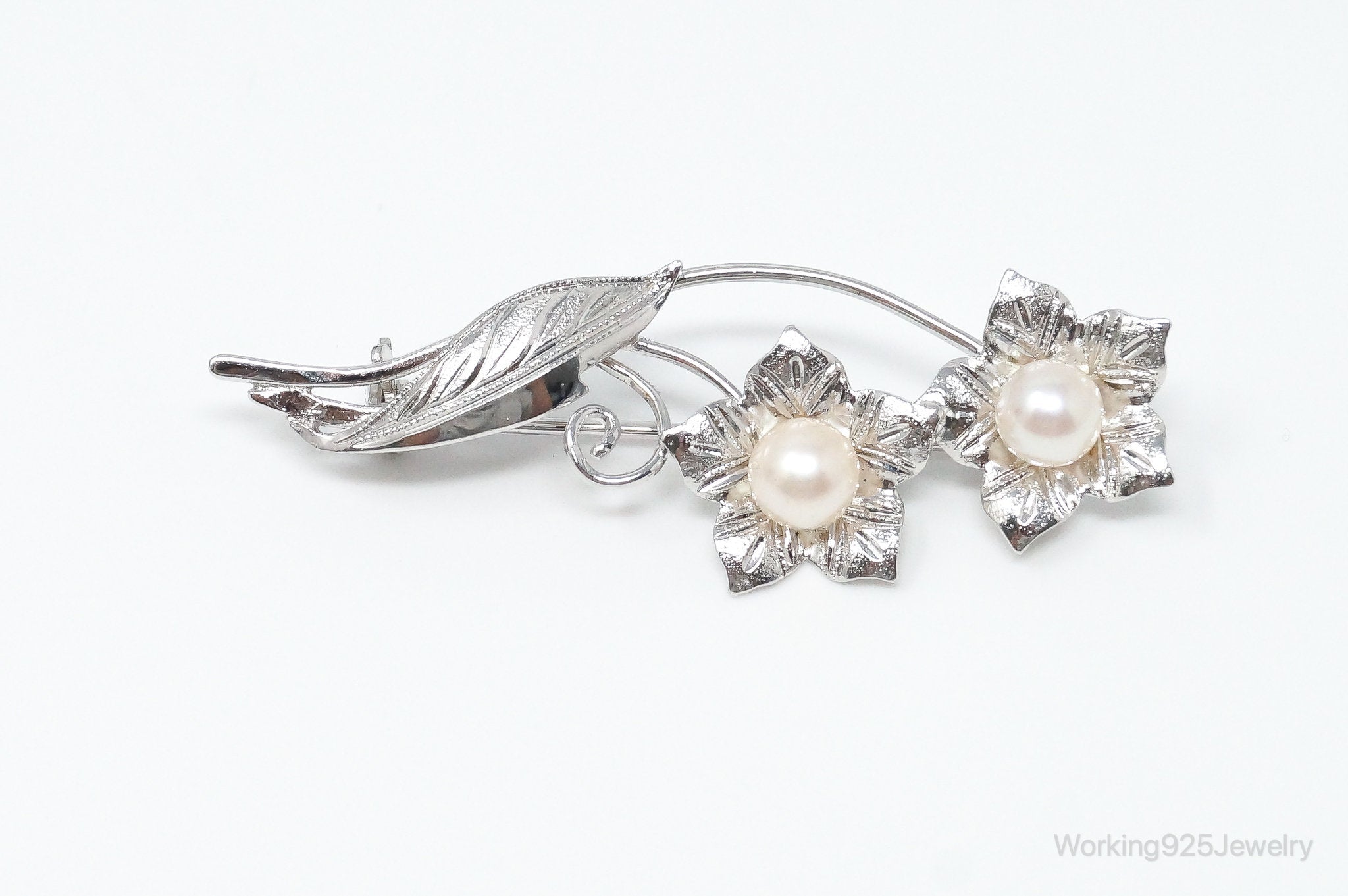 Antique Floral Pearl Sterling Silver Brooch Pin