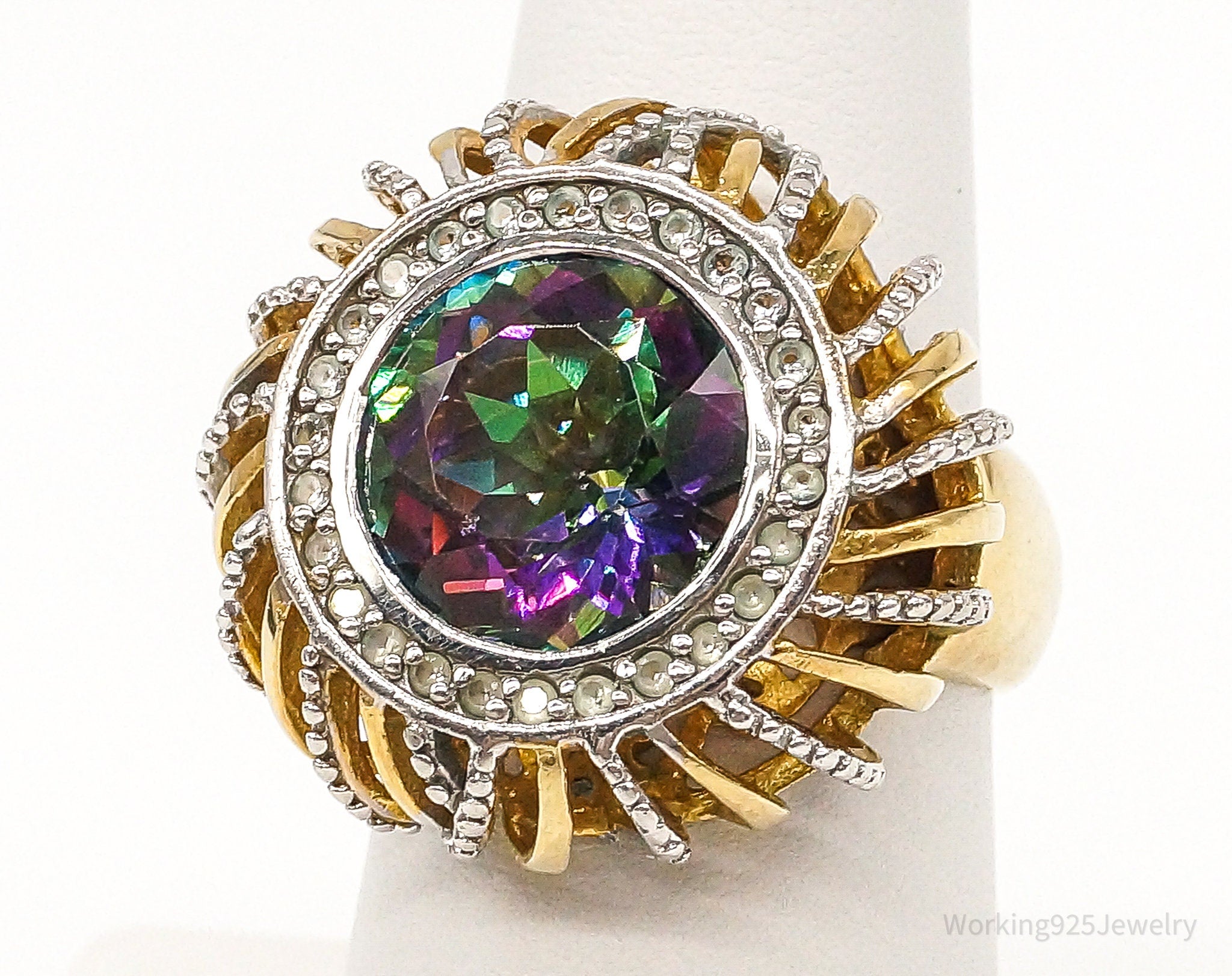 Designer RKS Large Mystic Topaz CZ Gold Vermeil Sterling Silver Ring Size 7