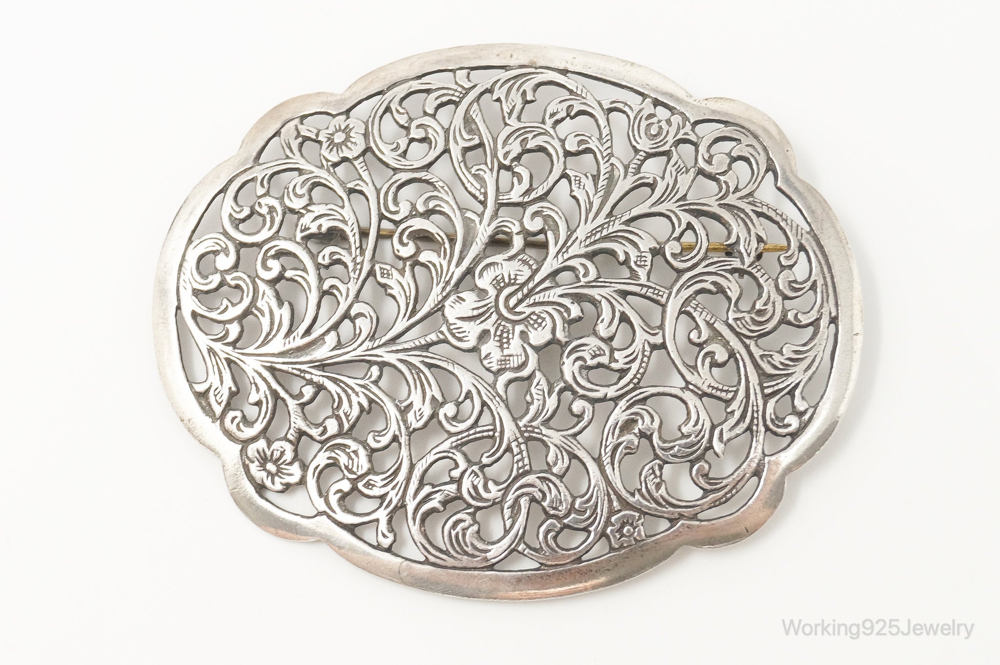 Vintage Art Nouveau Style Motif Floral Sterling Silver Brooch Pin