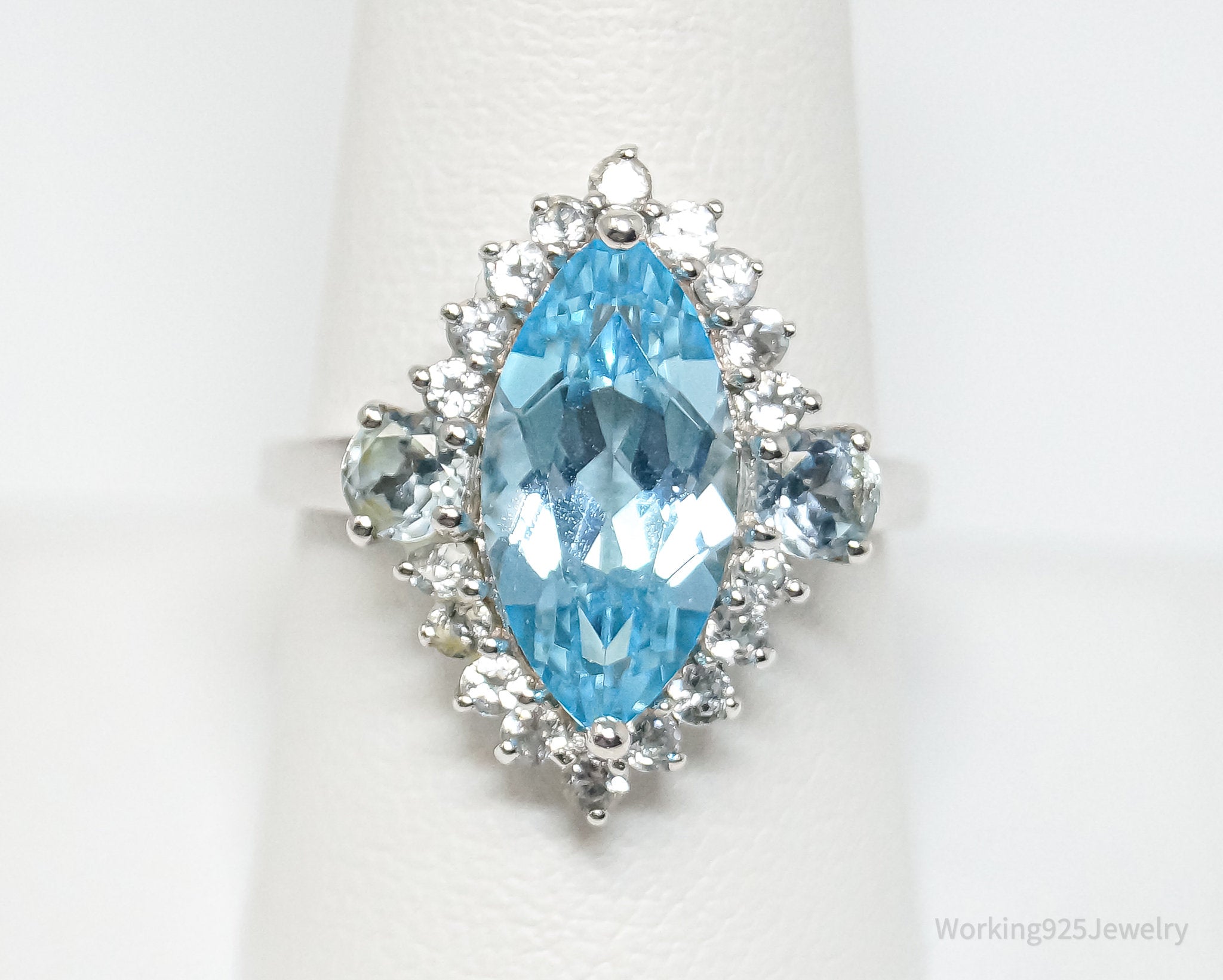 Vintage Designer FP Art Deco Style Blue Topaz CZ Sterling Silver Ring - Sz 9