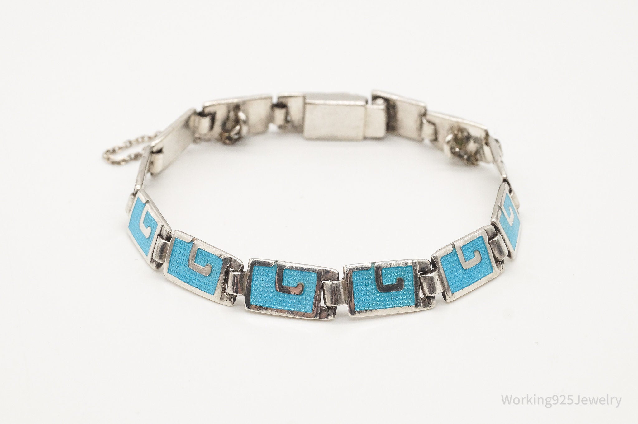 Rare Vintage MARGOT DE TAXCO Blue Enamel Link Sterling Silver Bracelet